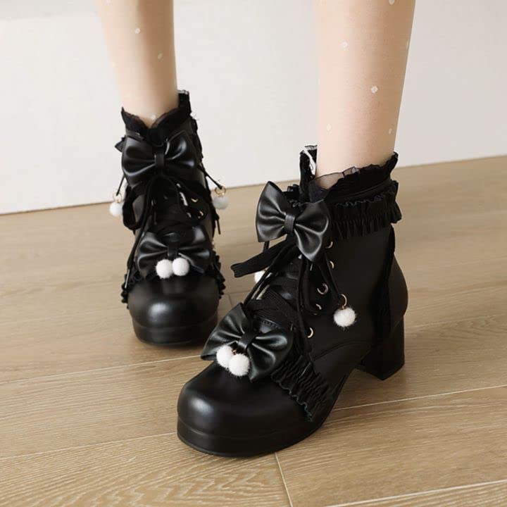MEOTINA Women's Chunky Mid Heel Platform Ankle Boots with Lace & Zipper - Kawaii Bow Winter Shoes for Women | Fashion Casual & Office Wear | Perfect for Winter Outfits, Date Nights & Holiday Parties