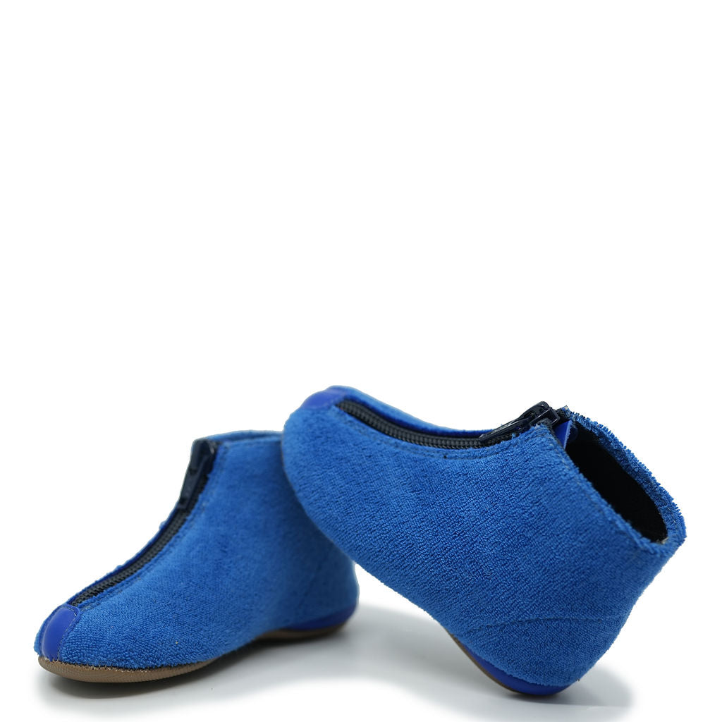 Pepe Blue Terry Cloth Zipper Baby Booties - Soft & Cozy Infant Footwear for Newborns, Crawling & First Steps - Perfect for Home, Daycare & Outdoor Adventures