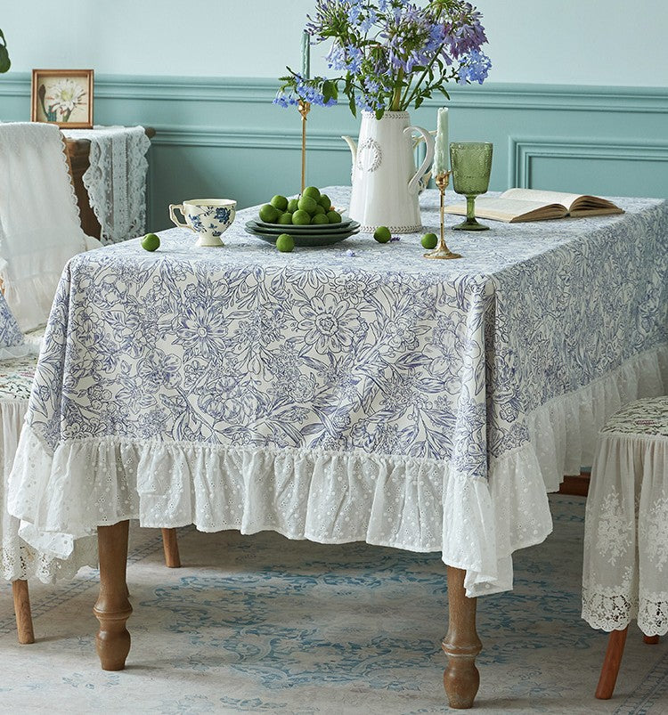 Natural Cotton Rectangle Tablecloth for Dining Room - Blue Floral Farmhouse Table Cover for Square or Round Tables | Perfect for Spring Decor, Dinner Parties & Everyday Use