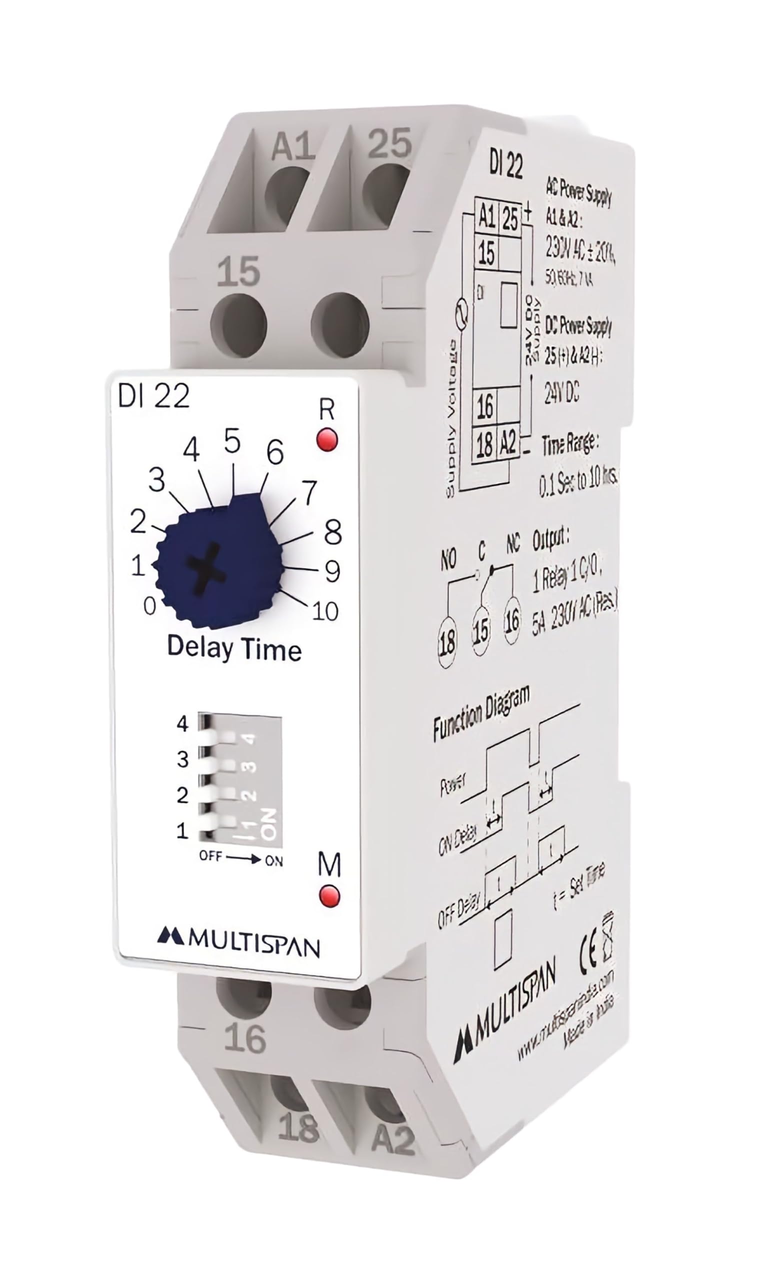 Multispan DI-22 Multi-Range ON/OFF Delay Timer - 230VAC & 24VDC Power Supply | Industrial Automation, HVAC Control, and Machinery Timing Applications