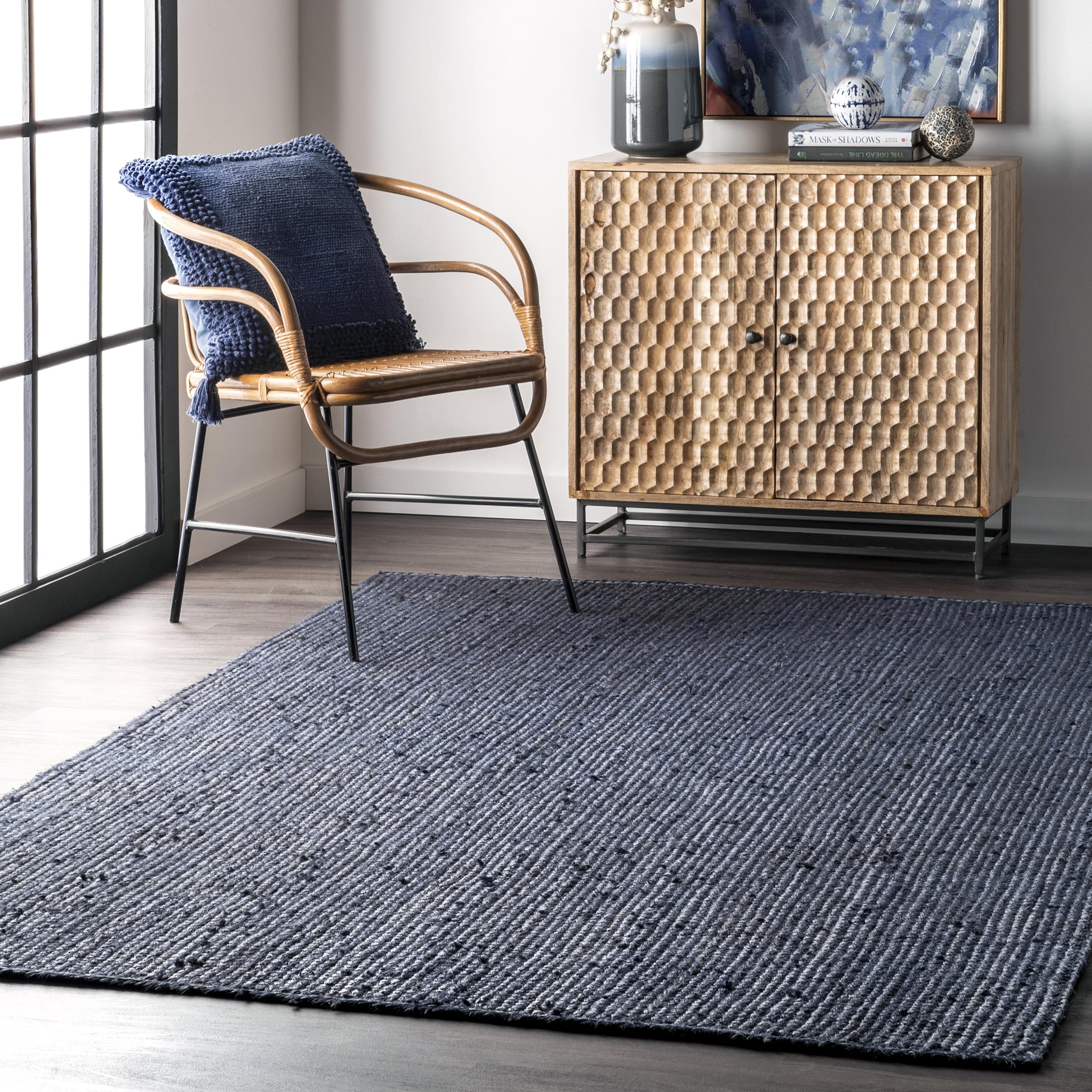 nuLOOM 5x8 Rigo Jute Hand Woven Area Rug - Navy Blue Solid Farmhouse Design | Natural Fiber Jute Rug for Bedroom, Living Room, Dining Room | Durable & Eco-Friendly Floor Mat for Hallway, Office, Kitchen & Entryway | Perfect for Boho, Coastal & Rustic Home Decor