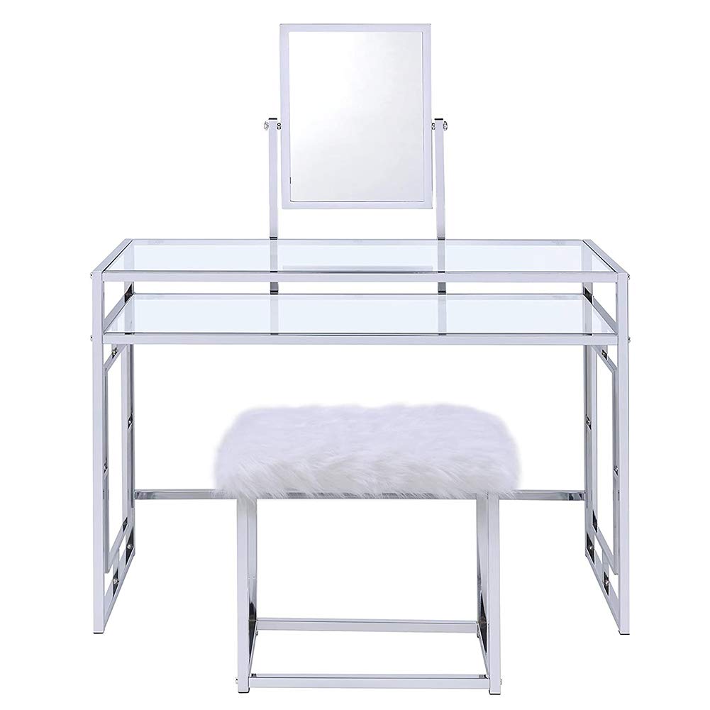 Elegant Glass Makeup Vanity Table Set with Mirror & White Faux Fur Stool - Chrome Dressing Table with Storage Shelf & Makeup Organizer - Perfect for Bedroom, Dressing Room & Beauty Salon Decor