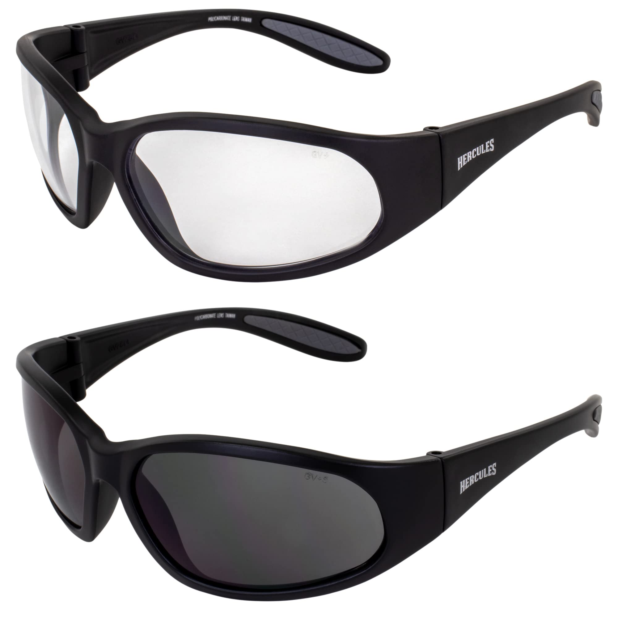 Hercules-1 Jr Wraparound Motorcycle Sunglasses - Z87.1 Safety Rated Riding Glasses for Small Faces (2 Pairs: Black Frame with Clear & Smoke Lenses) - Perfect for Motorcycle Riding, Cycling & Outdoor Sports