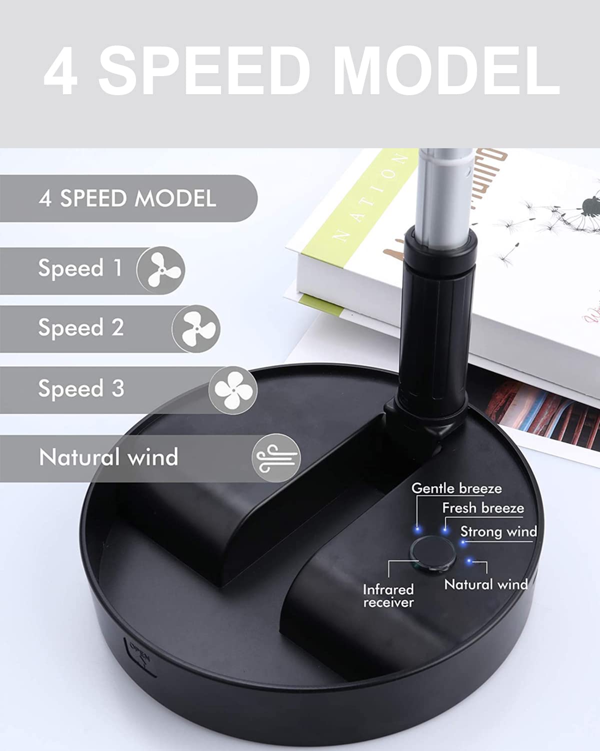 UN UNITEDTIME Portable Fan with Remote Control - Foldable Travel Fan with Timer, Adjustable Height, 4 Speed Settings, USB/Battery Powered (Black) - Perfect for Office, Bedroom, Camping & Outdoor Use