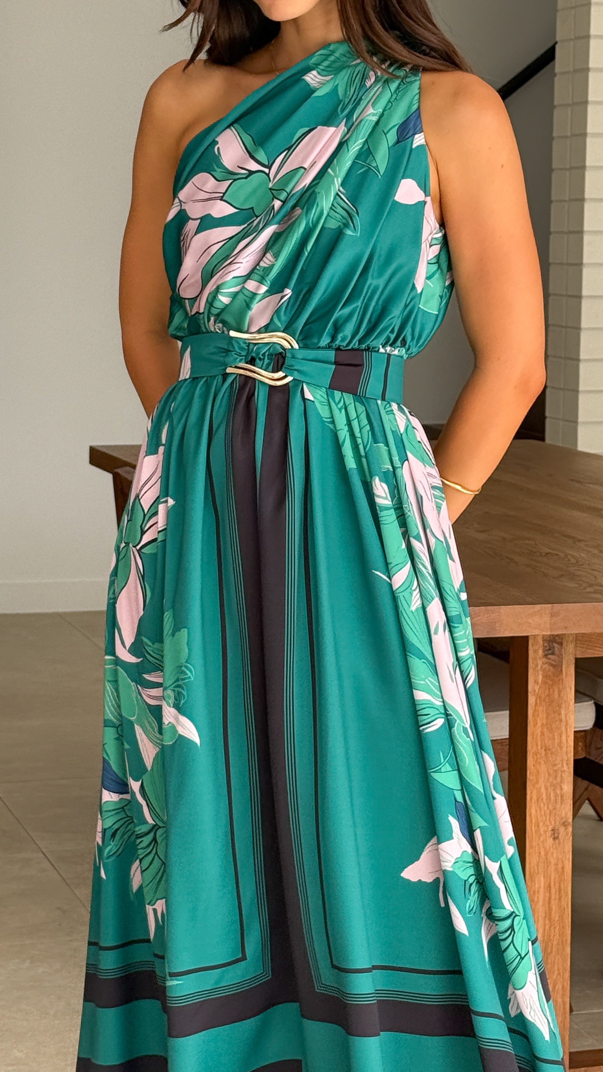 Hadas Maxi Dress - Green Print Floral Summer Dress for Women, Beach Vacation & Party Wear