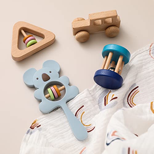 Promise Babe Wooden Baby Toys - 4pcs Natural Wood Rattles Set, Montessori Sensory Toys for Infants 0-12 Months (Blue) | Safe Teething Toys for Newborns & Toddlers, Perfect Baby Shower Gift & Early Learning Developmental Toys