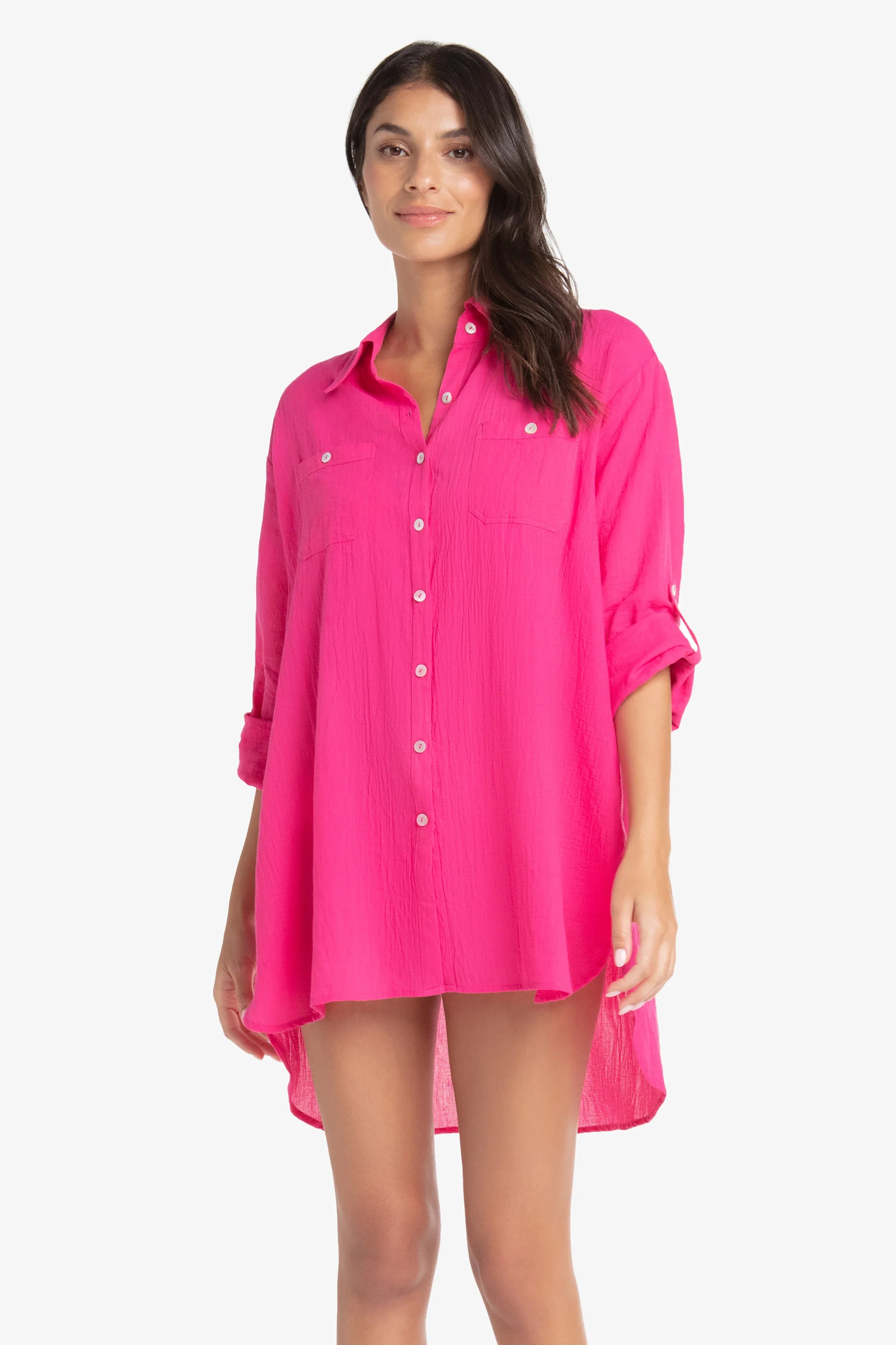 Lotus Pink Camp Shirt Cover Up - Lightweight Summer Beachwear for Women | Perfect for Beach, Pool, and Vacation Outfits