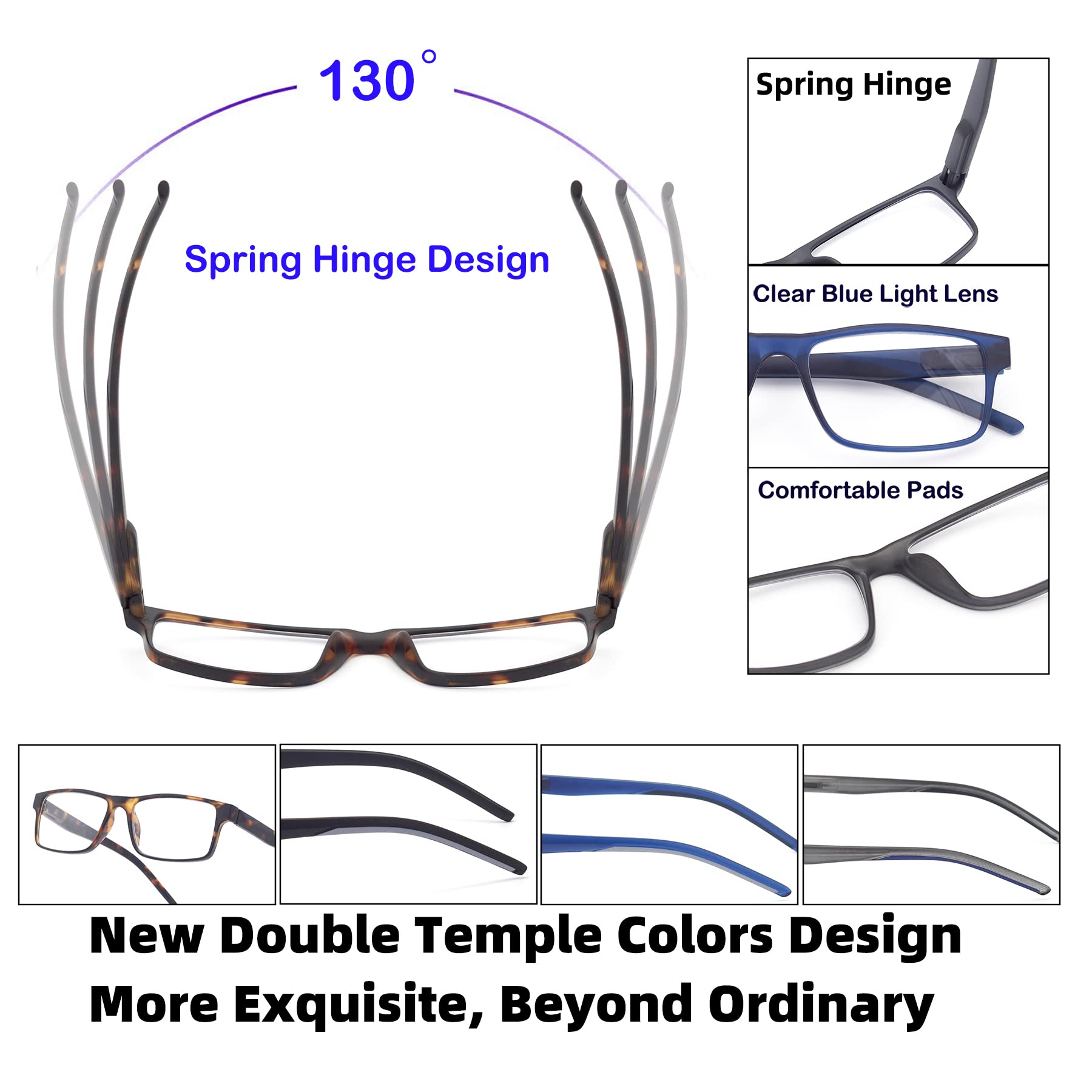 Blue Light Blocking Reading Glasses for Men & Women - Spring Hinge Computer Glasses SR20523 | Anti-Eye Strain for Office Work, Screen Time & Reading