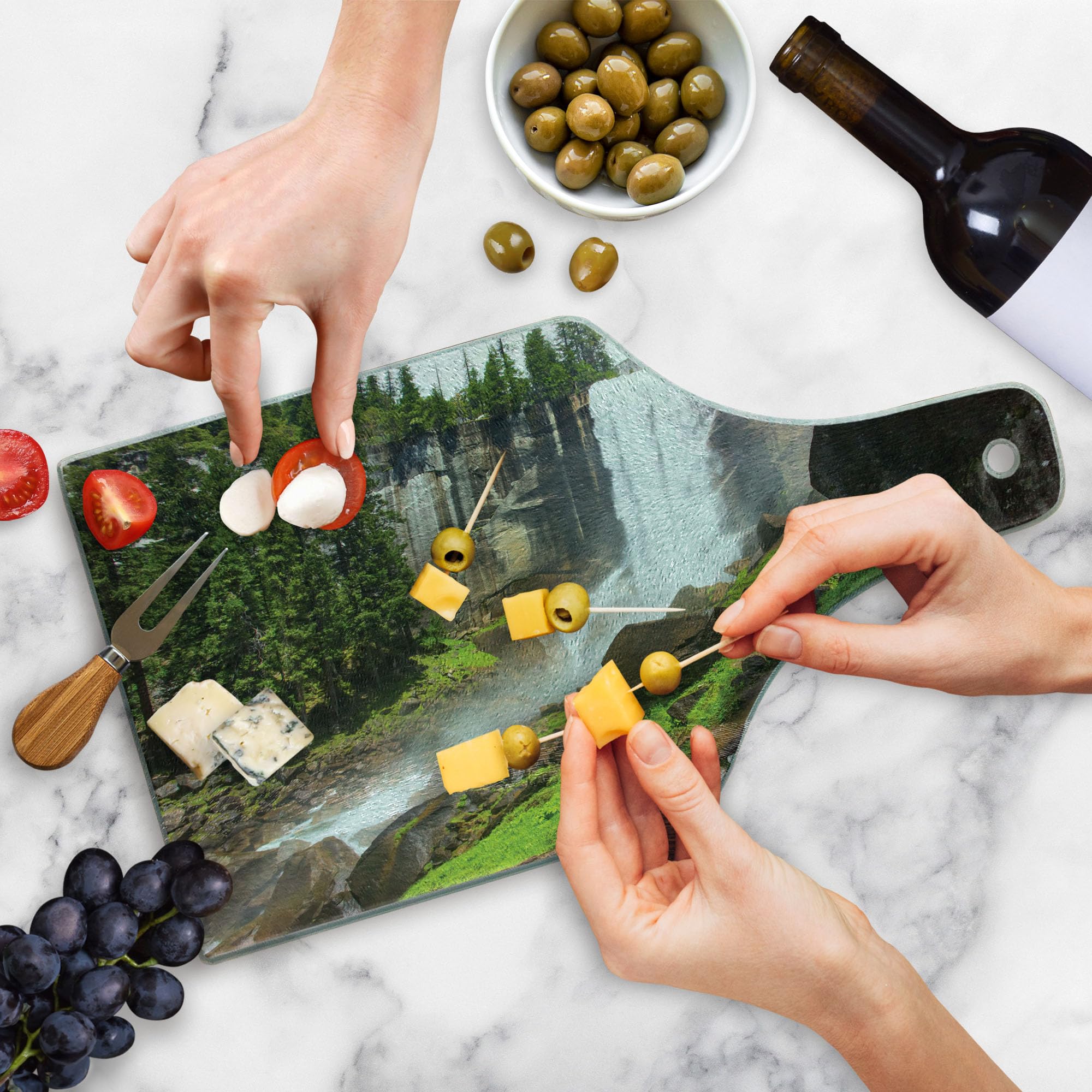 Ambesonne Yosemite Tempered Glass Cutting Board - Vernal Fall Yosemite National Park Scenic Photo Design - Decorative Serving Board for Kitchen, Charcuterie & Cheese - Wine Bottle Shape in White & Green - Perfect for Home Decor, Dinner Parties & Gifts