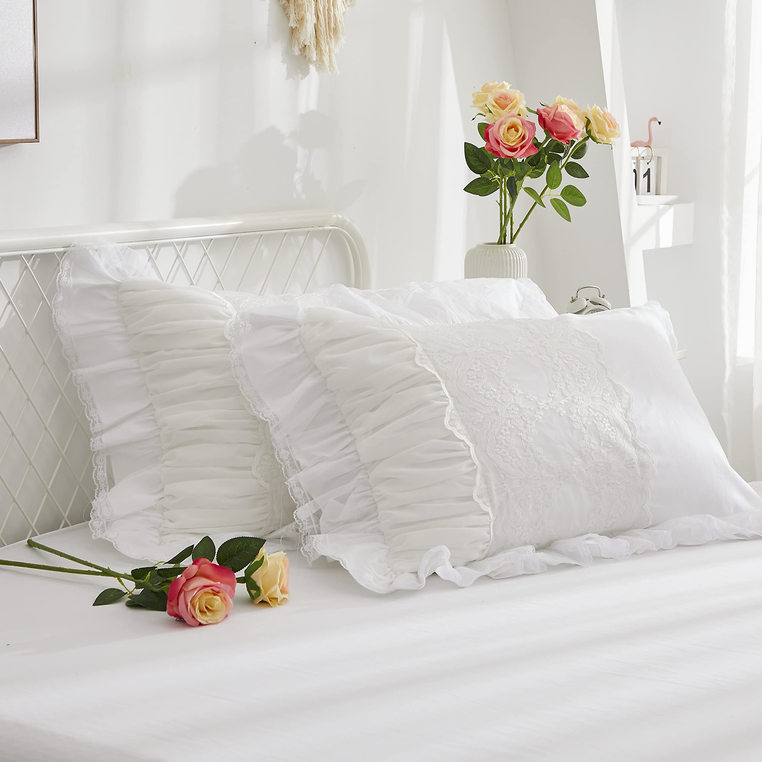 Softta 100% Cotton 600 TC Lace Duvet Cover Set - White Farmhouse Style 4-Piece Bedding with Ruffles (California King) | Boho Chic & Romantic Bedroom Decor for Master Bedroom, Guest Room, or Vacation Home