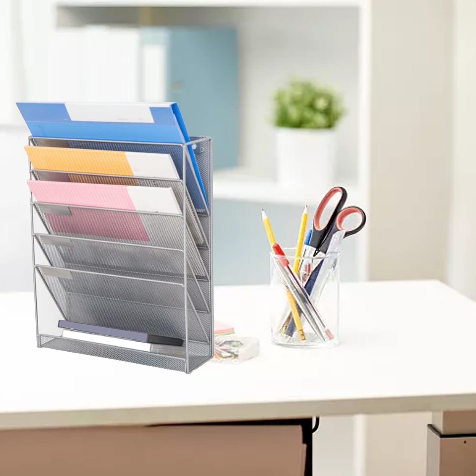 5 Tier Wall File Organizer - Metal Wall Mounted Magazine Rack for Office & Home - Space Saving Document Storage Shelf for Bills, Letters, Books - Silver Grid Holder for Organization & Decluttering