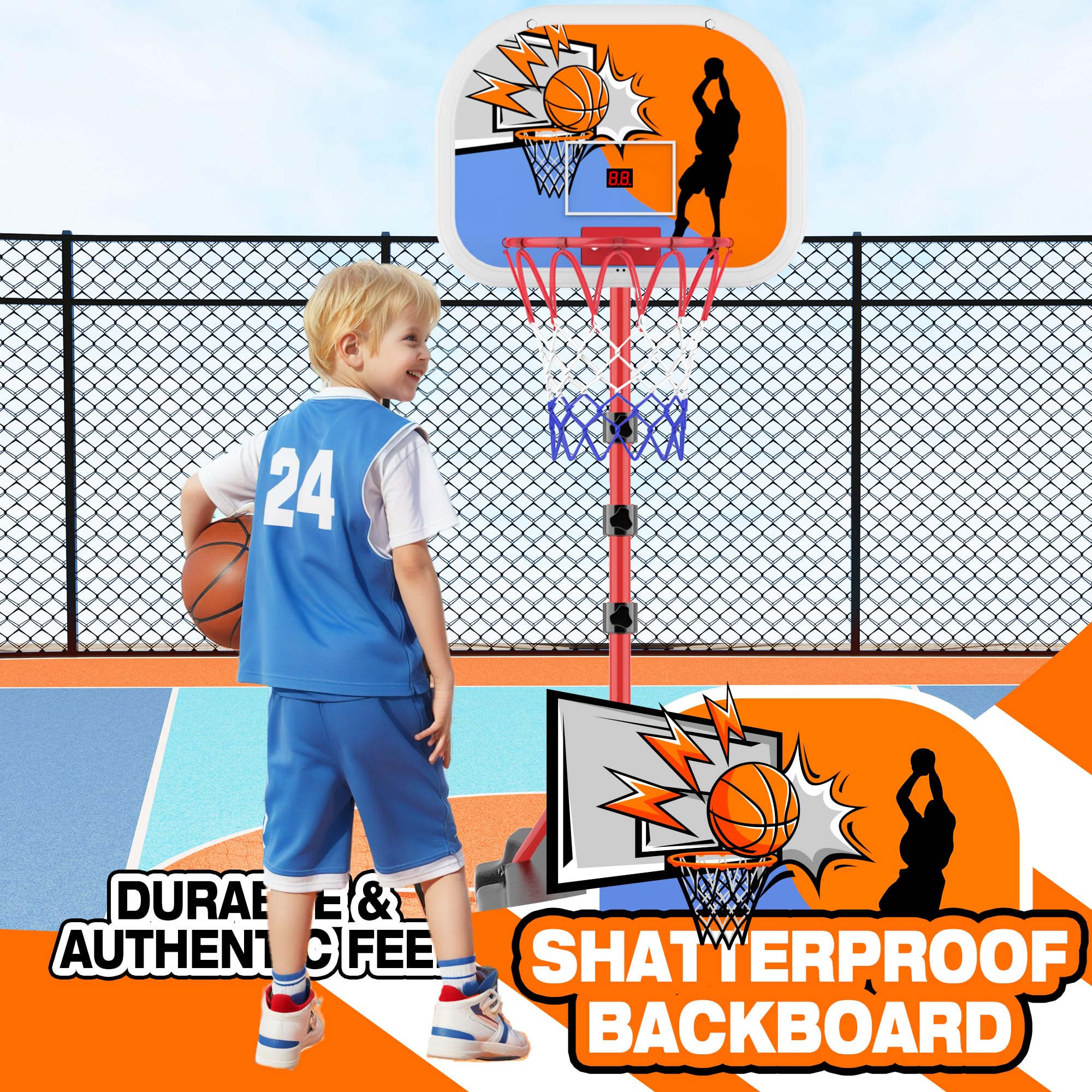 Adjustable Height Kids Basketball Hoop with Electronic Scoreboard (3.4ft-5.9ft) - Indoor/Outdoor Basketball Goal for Toddlers & Children Ages 3-8 - Perfect for Backyard, Playroom & Birthday Gifts for Boys & Girls