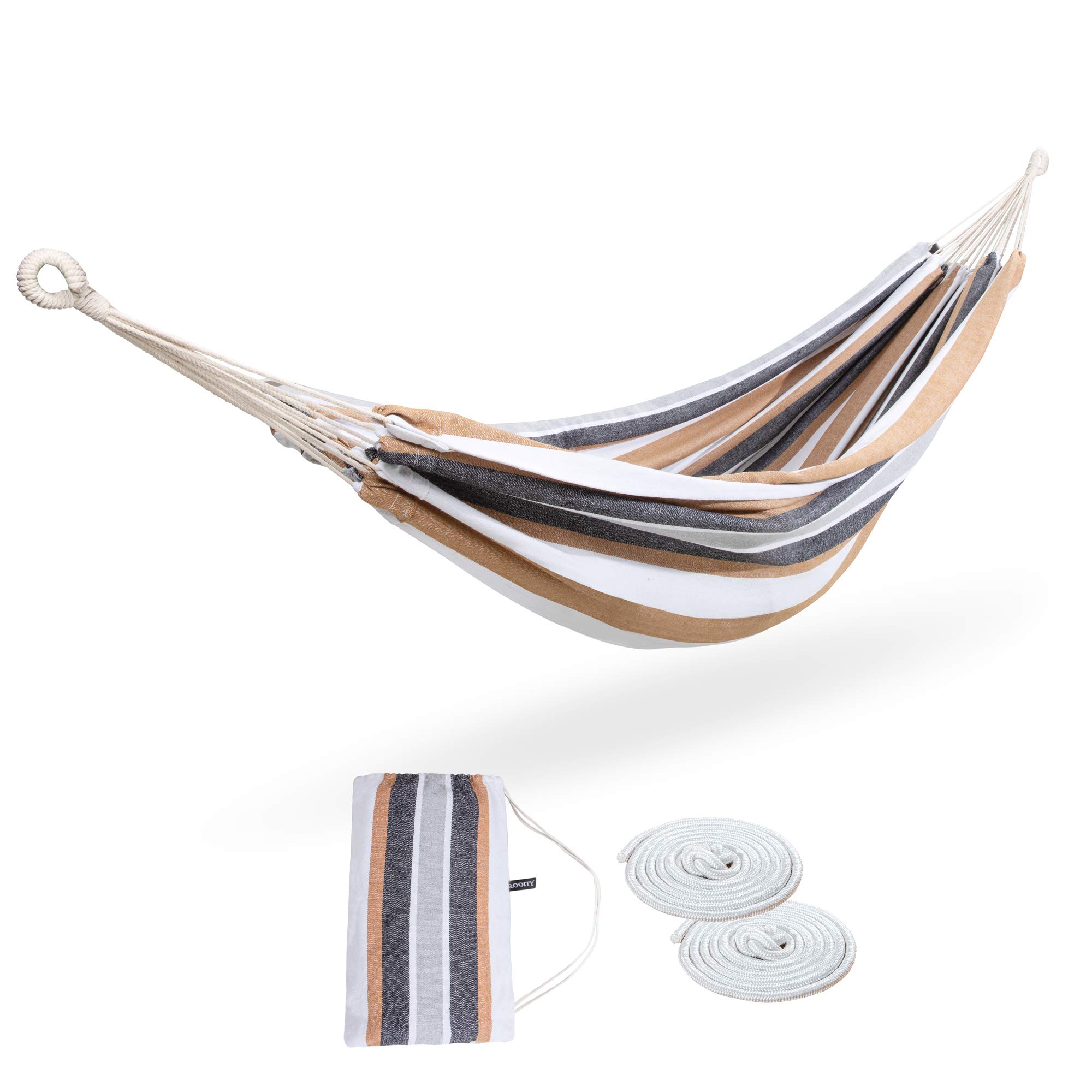 Double Hammock Brazilian Style with Carrying Bag - Soft Woven Fabric Supports 450lbs - Extra Large Brown & Grey Stripe - Perfect for Patio, Garden, Backyard, Porch, Indoor & Outdoor Relaxation