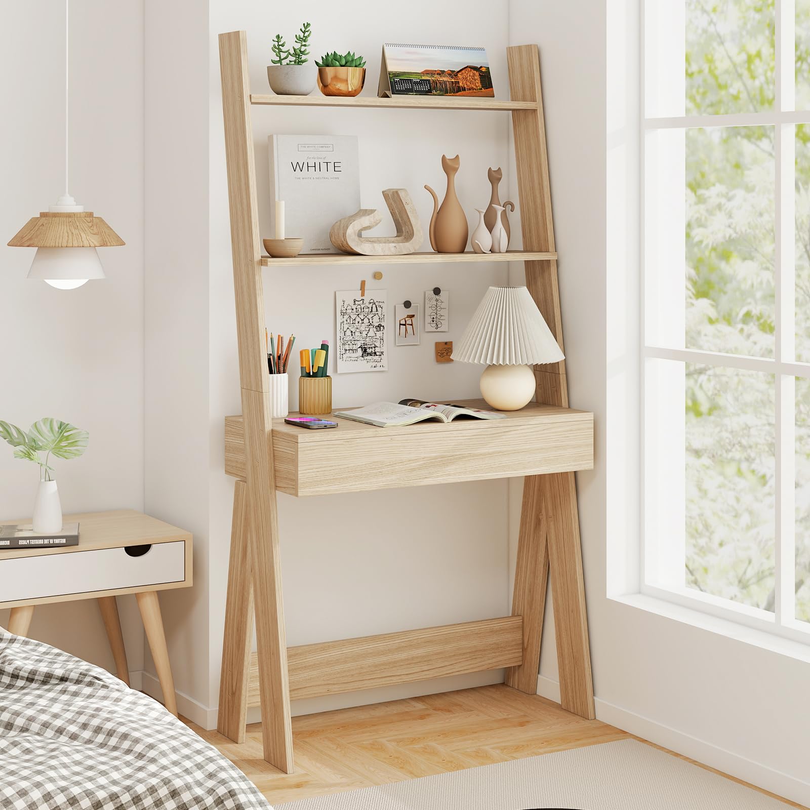 Giantex 3-Tier Ladder Desk with Drawer | 33-Inch Wide Freestanding Bookshelf with Anti-Tipping Device | Natural Wood Leaning Computer Desk with Shelves for Small Spaces | Perfect for Home Office, Dorm Room & Apartment Workspace