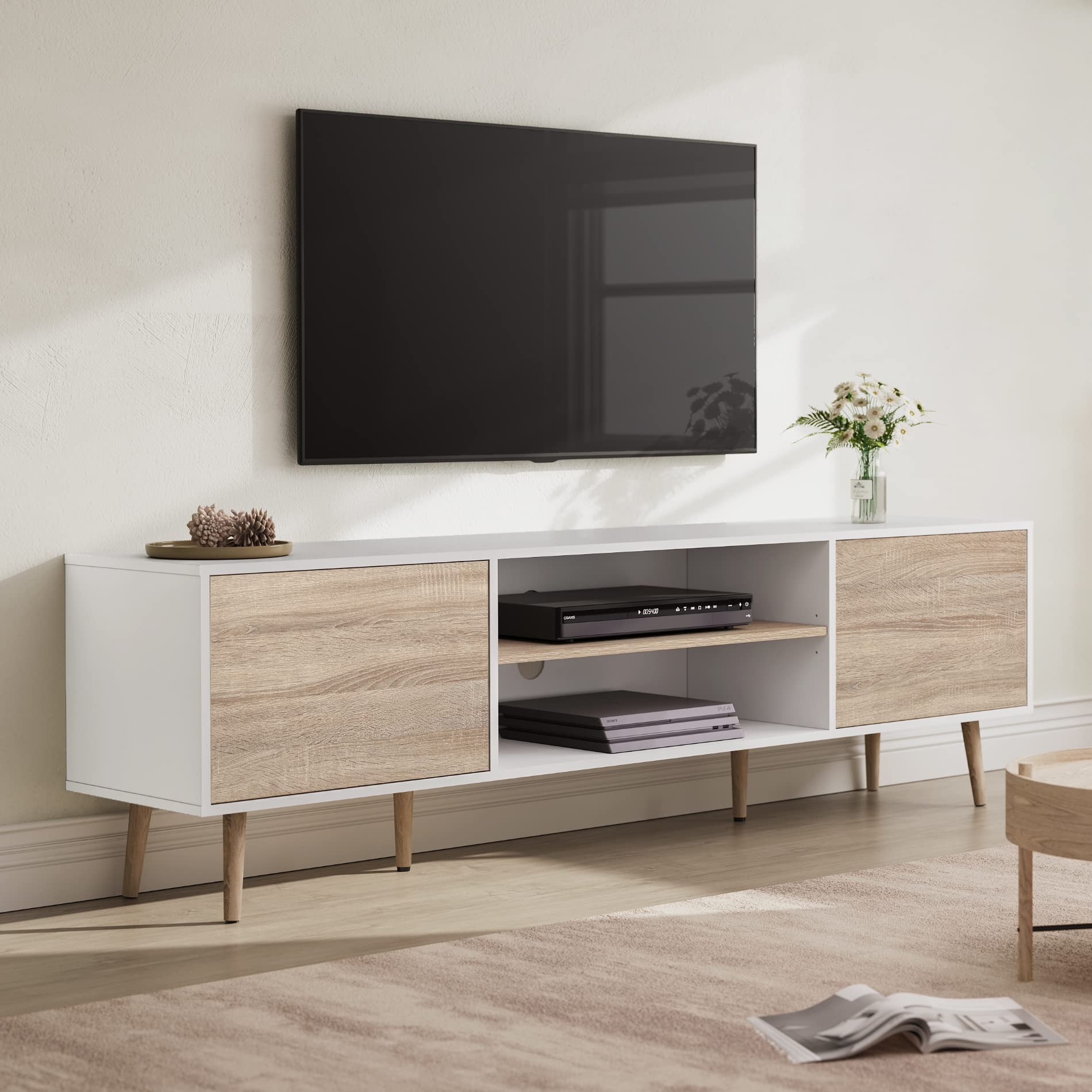Mid-Century Modern TV Stand for 75 Inch Flat Screen TVs - White & Oak Wood Media Console with Storage - Home Entertainment Center for Living Room, Bedroom & Office - 71 Inch Wide TV Cabinet for Stylish Home Decor