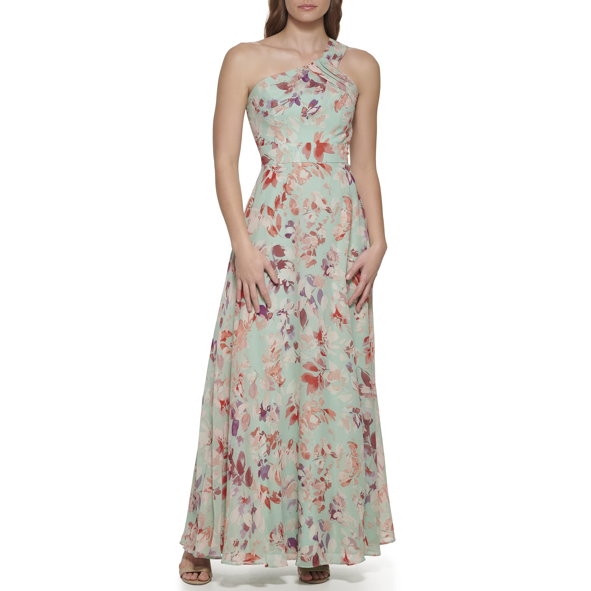 Eliza J Women's Elegant Printed Chiffon Sleeveless Asymmetrical One Shoulder Gown Dress for Cocktail Party & Evening Occasions
