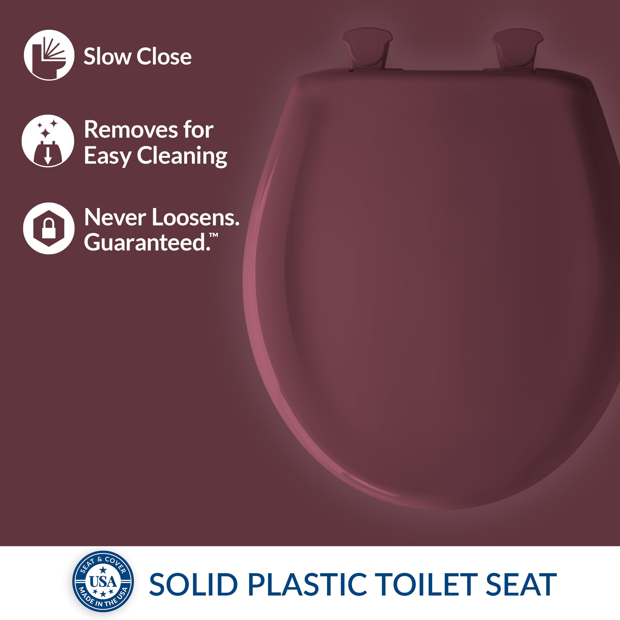 Bemis Classic Colors Slow Close Toilet Seat - Easy Clean Hinges & Durable Plastic Round Toilet Seat in Loganberry | Perfect for Bathroom Upgrade & Home Renovation Projects