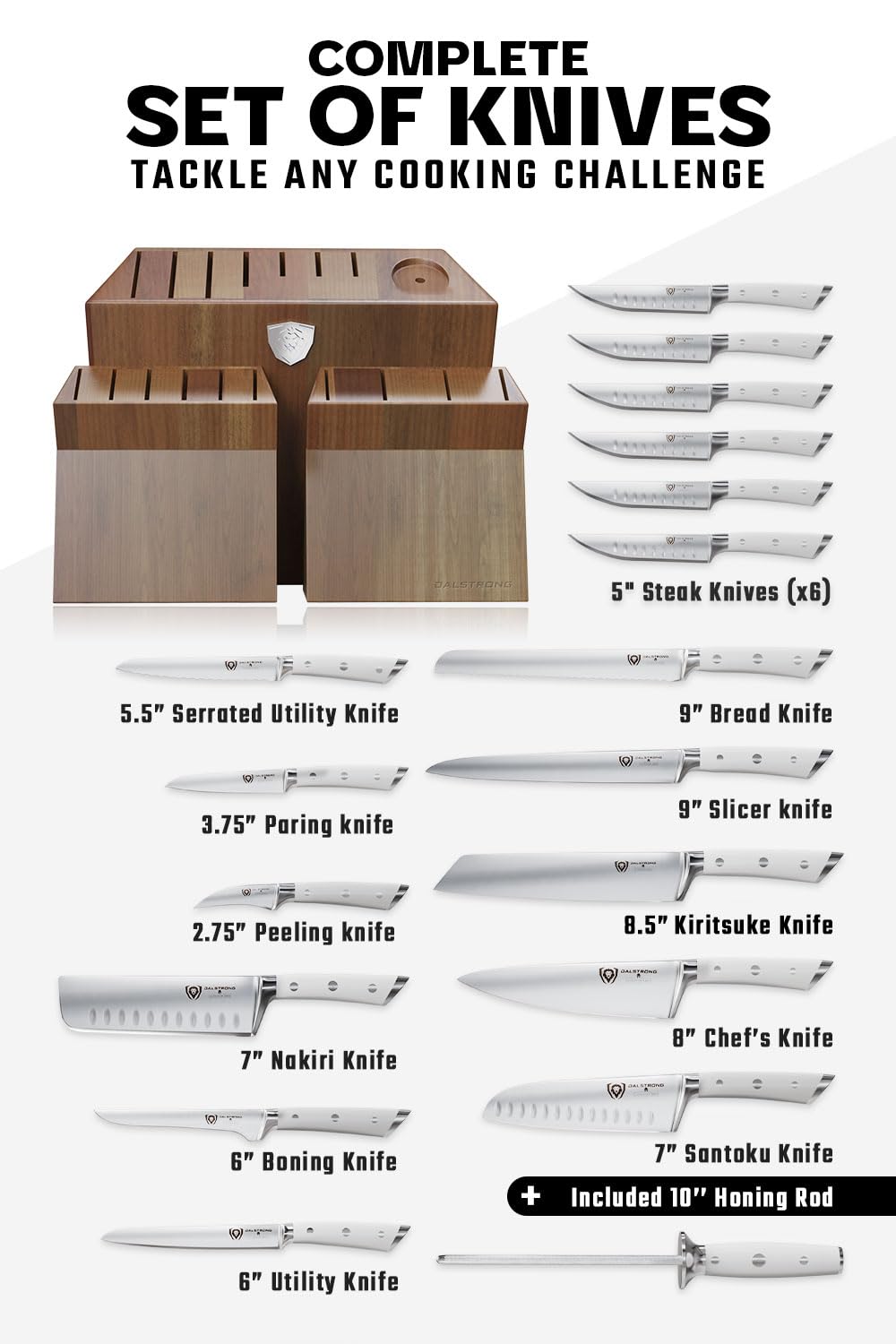 Dalstrong Gladiator Series Elite 18-Piece Stainless Steel Knife Set with Acacia Wood Block - High Carbon German Steel Knives with White Handles - NSF Certified - Perfect for Home Chefs, Cooking Enthusiasts & Valentine's Gift for Men - Ideal for Professional Kitchens, Holiday Cooking & Gourmet Meal Preparation