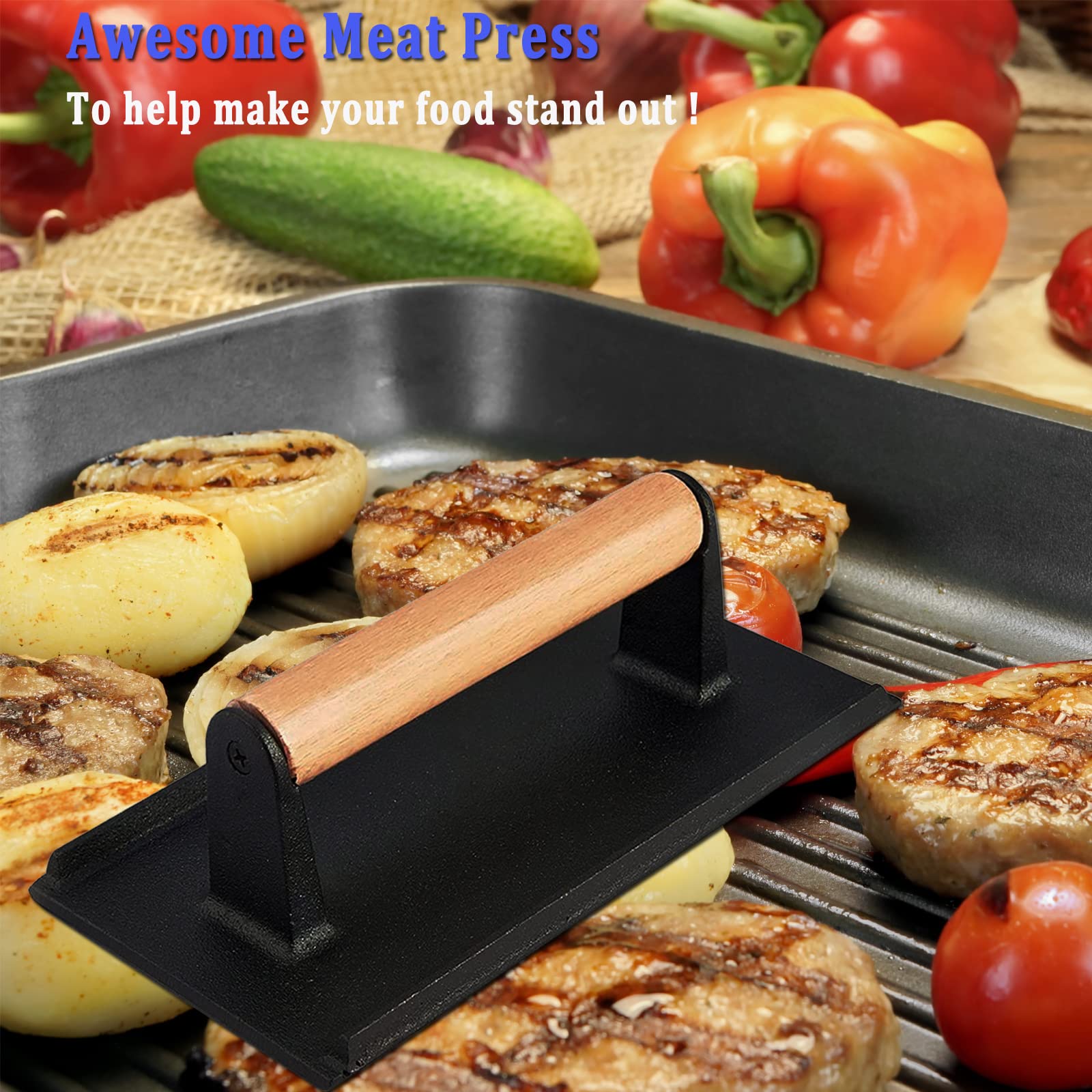 3PCS Smash Burger Press Kit - Round & Rectangle Cast Iron Grill Press with Upgraded Wooden Handle for Blackstone, Camp Chef, Pitboss - Perfect for Backyard BBQs, Camping & Restaurant Burgers