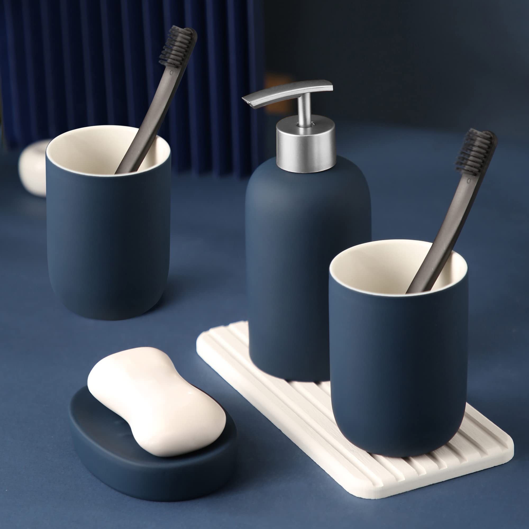 DUFU 4-Piece Ceramic Bathroom Accessory Set - Blue Soap Dispenser, Soap Dish & 2 Tumblers for Modern Bathroom Decor | Perfect for Guest Bathrooms, Master Suites & Spa-Style Vanities