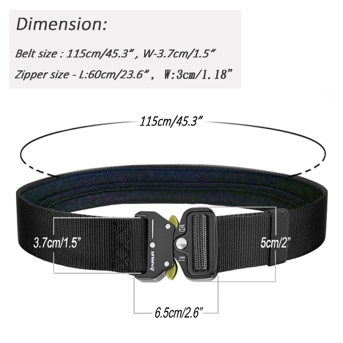 Tactical Nylon Belt with Hidden Zipper Pocket - 115cm Adjustable Waistband for Men & Women Under 38 Inches (Black) - Perfect for Travel, Hiking & Everyday Security