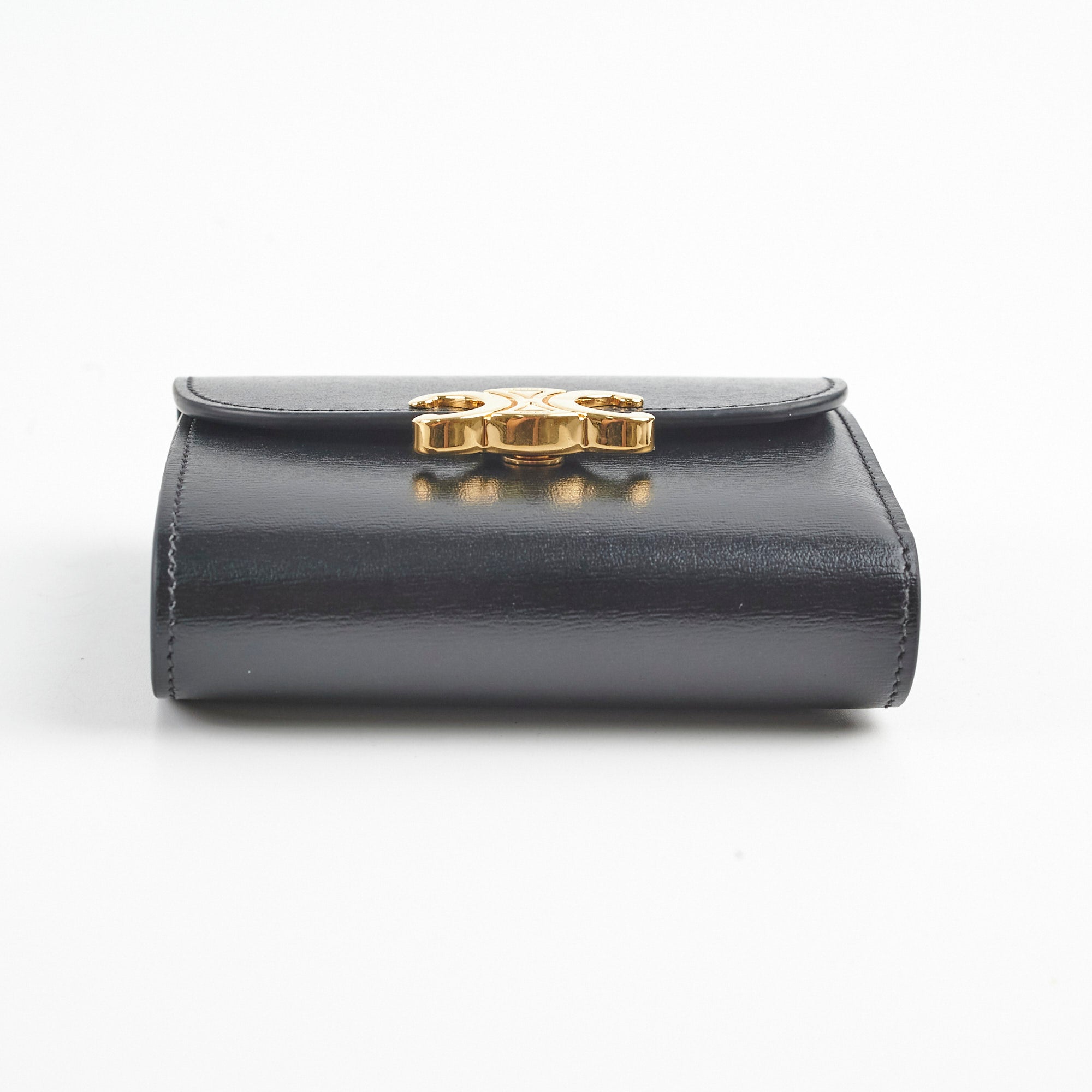 Celine Compact Wallet with Coin Pocket Triomphe Logo in Shiny Calfskin Leather - Perfect for Everyday Use & Travel Essentials