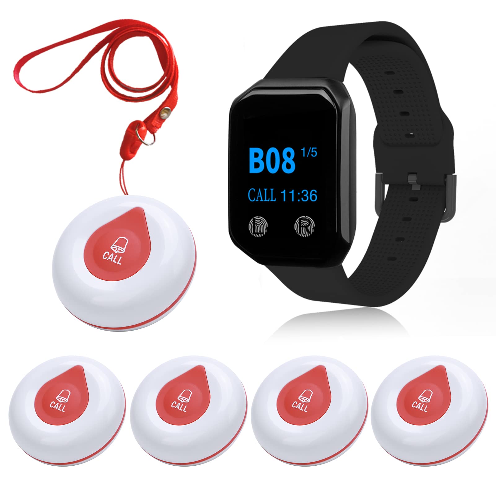 **Wireless Caregiver Pager System - Nurse Alert Call Button with 1 Waterproof Watch & 5 Buttons for Elderly, Patients & Disabled - Home Healthcare & Senior Safety Solution**    *(Use Cases: Ideal for nursing homes, hospitals, home care, and assisted living facilities to ensure quick emergency alerts and caregiver response.)*