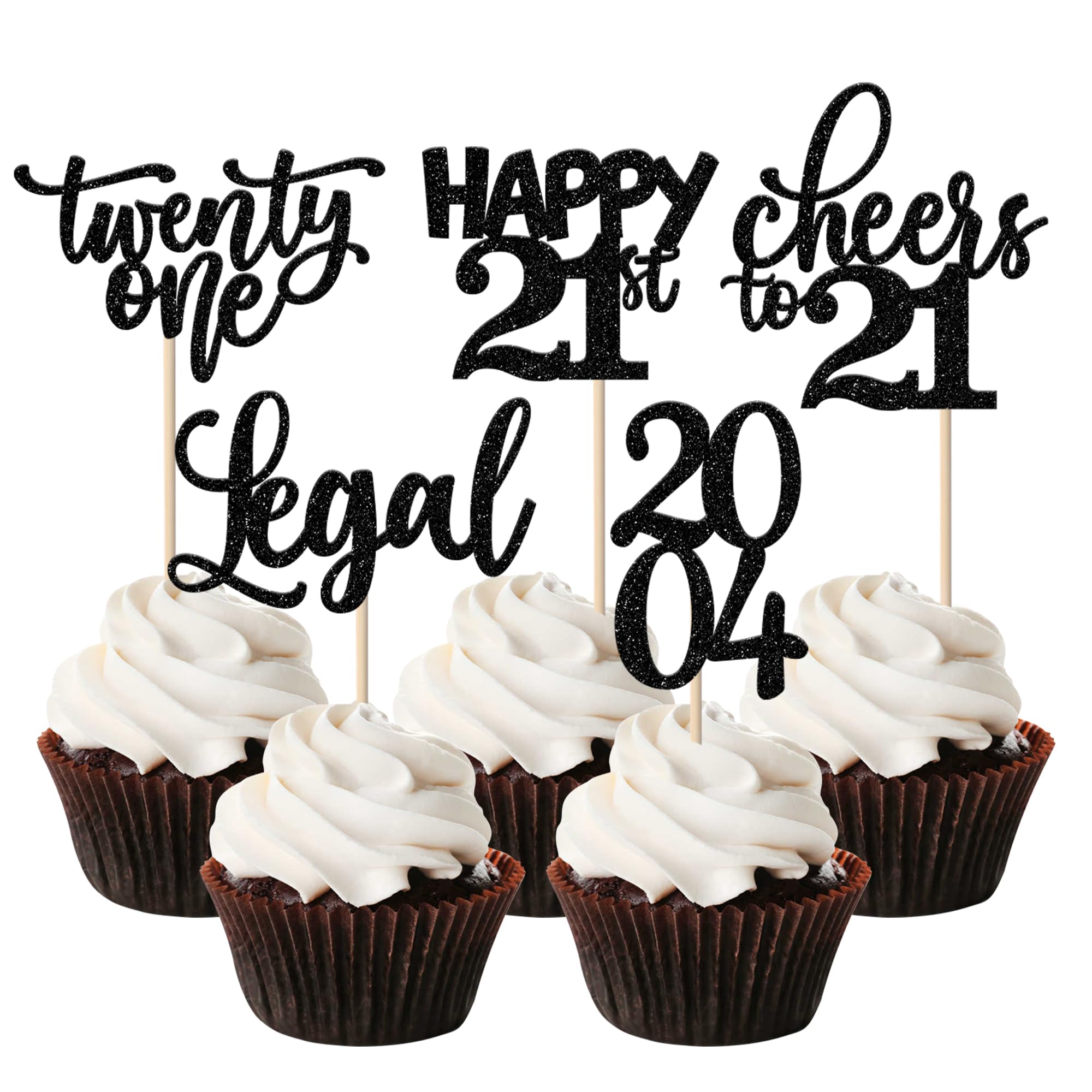 Rsstarxi 30 Pack Glitter 21st Birthday Cupcake Toppers - 'Twenty One Since 2004' Cake Decorations for 21st Anniversary Party Supplies (Black) | Perfect for Milestone Celebrations, Birthday Cakes & Dessert Displays
