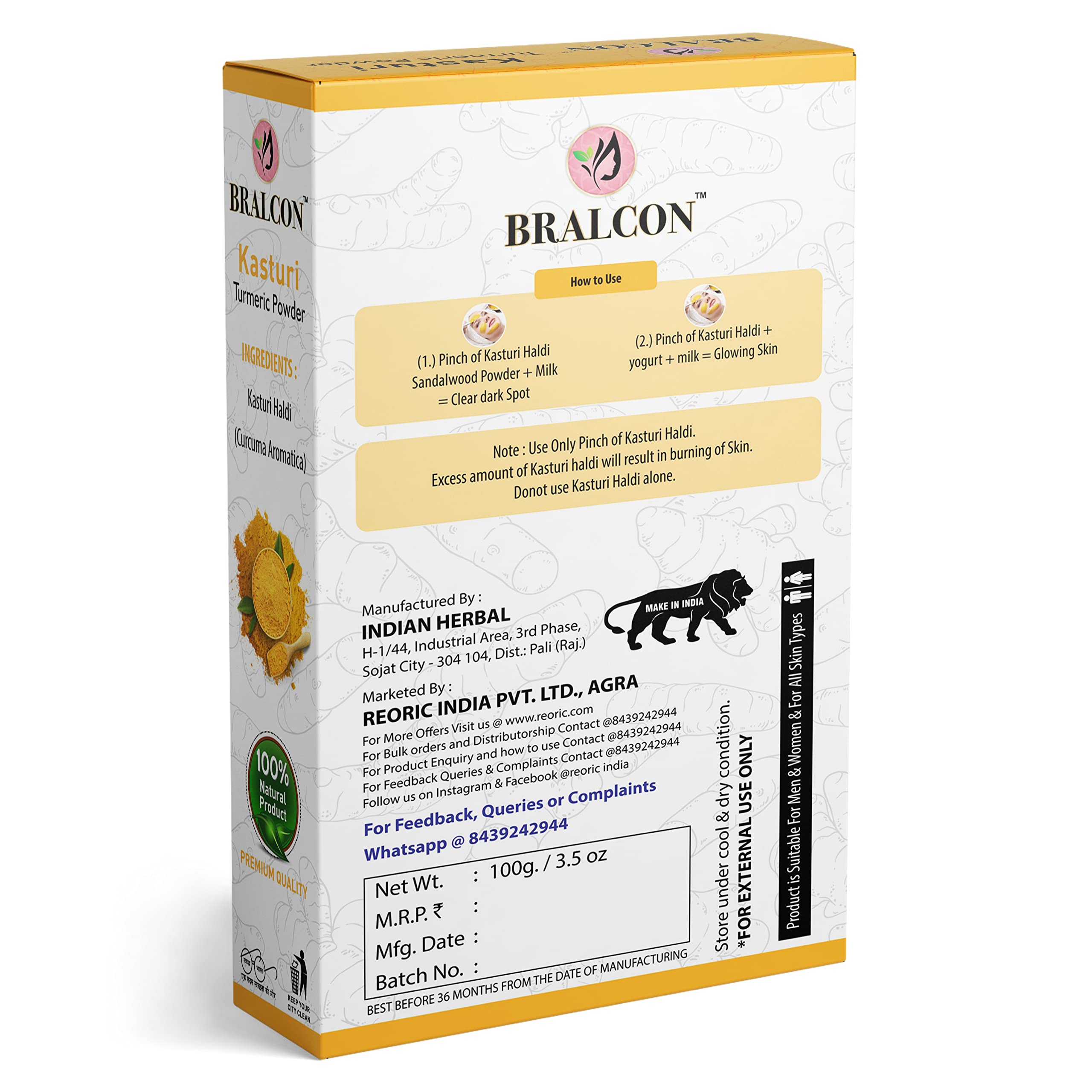 BRALCON Organic Neem Powder, Tulsi Powder, Kasturi Turmeric Powder Combo - 300g (3 x 100g) | Natural Ayurvedic Face Pack for Skin Brightening, Glowing Complexion & Hair Growth | Perfect for DIY Beauty Treatments, Spa Days & Holistic Skincare Routines