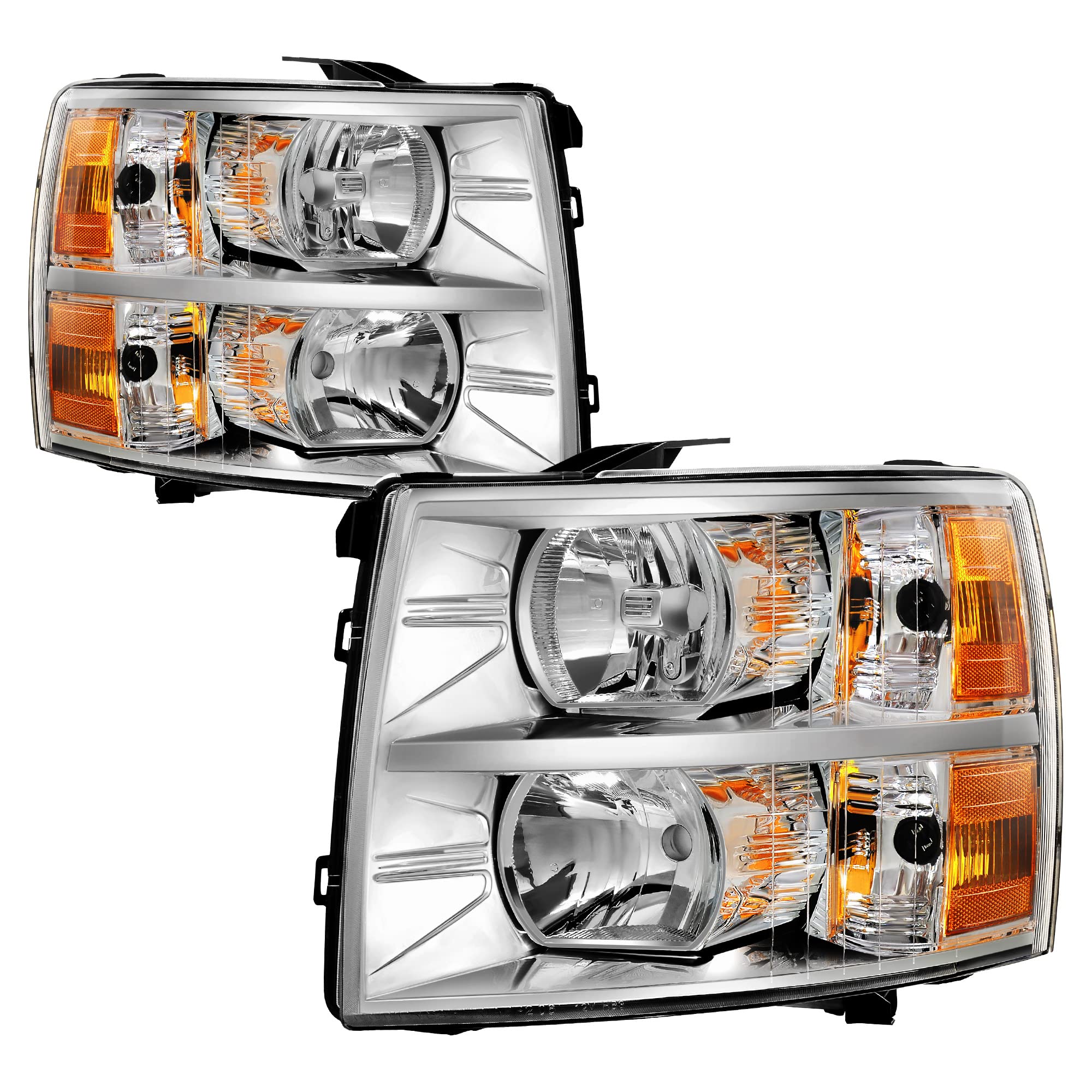 oEdRo Replacement Headlights Assembly for 2007-2013 Chevy Silverado 1500 & 2007-2014 Silverado 2500HD/3500HD - Chrome Housing with Clear Lens & Amber Reflector - Perfect for Night Driving, Off-Roading & Vehicle Upgrades