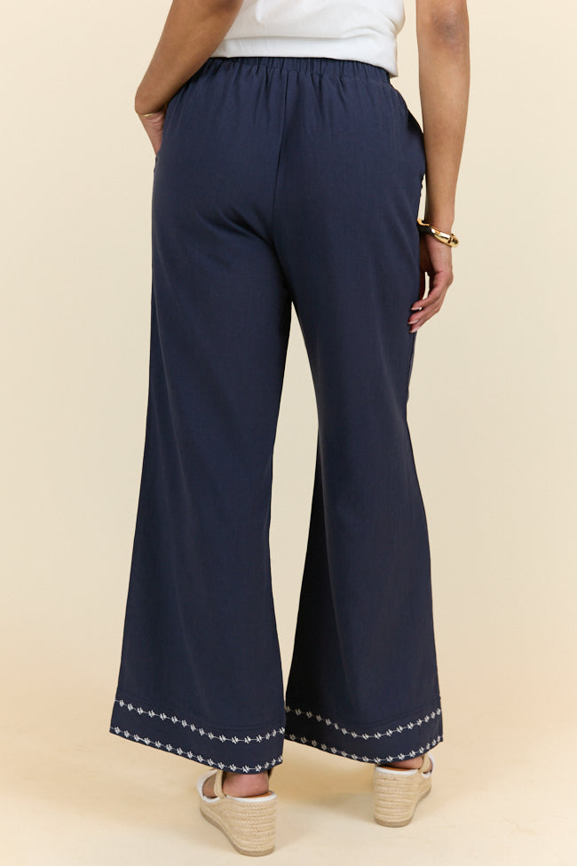 Just Feels Right Navy Blue Embroidered Casual Pants for Women - Comfortable & Stylish - Perfect for Work, Travel & Everyday Wear - FINAL SALE