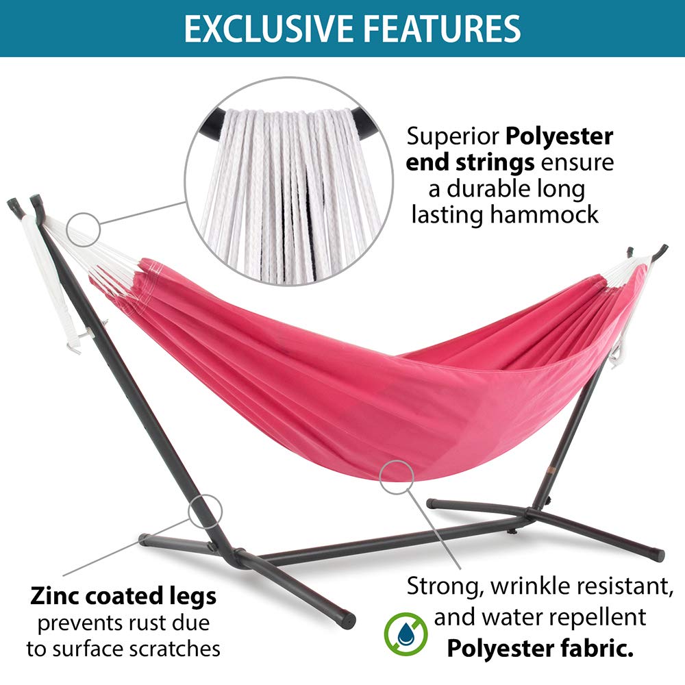 Vivere Double Hammock with Space-Saving Steel Stand & Carry Bag - 450 lb Weight Capacity, Hot Pink - Perfect for Backyard Relaxation, Camping & Beach Trips