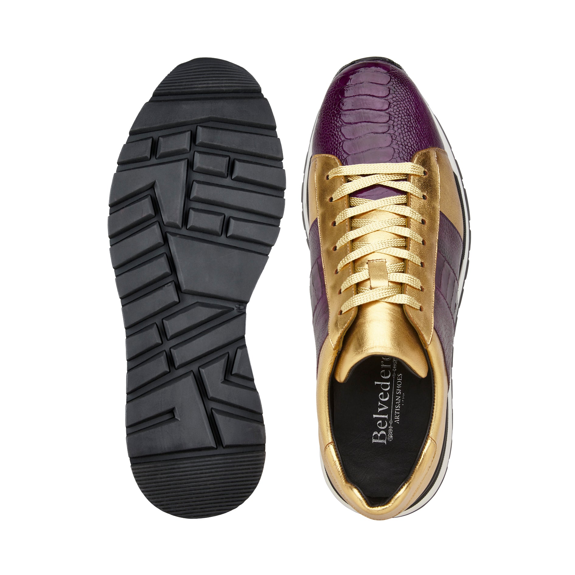 Belvedere Blake Genuine Ostrich Leather & Italian Calfskin Sneakers - Purple/Gold (Style 33629) | Luxury Comfortable Casual Shoes for Men, Perfect for Business Casual & Weekend Outings