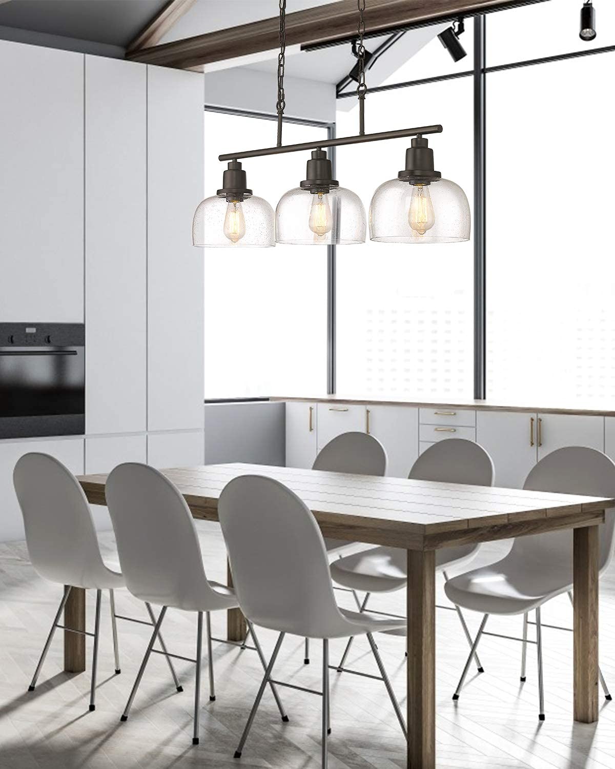 EAPUDEN 3-Light Linear Chandelier & 2-Light Farmhouse Ceiling Light in Oil Rubbed Bronze with Seeded Glass - Modern Kitchen Island Lighting, Dining Room, Foyer, Hallway, Entryway - Perfect for Farmhouse, Rustic & Industrial Home Decor