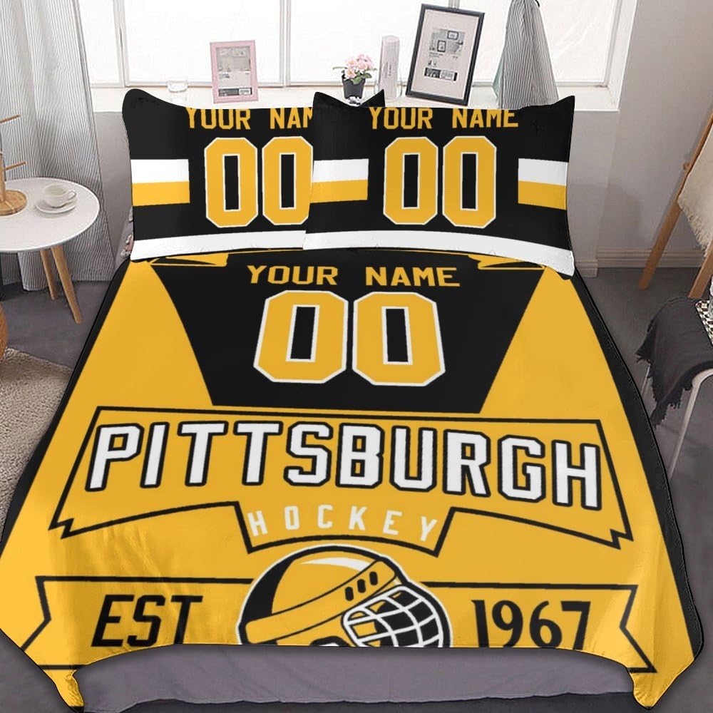 Custom Hockey Comforter Set - 3 Piece Bedding with Comforter Cover & 2 Pillowcases | Personalized Name & Number for Hockey Fans | Soft Lightweight Quilt | Sports Themed Bedroom Decor for Kids & Adults | Perfect Gift for Hockey Players & Enthusiasts
