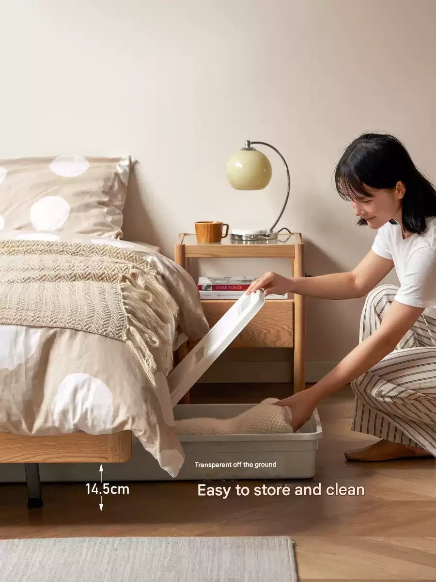 Solid Oak Wood Platform Bed - Headboard Free Modern Design with Night Light - Perfect for Bedroom, Guest Room & Small Spaces