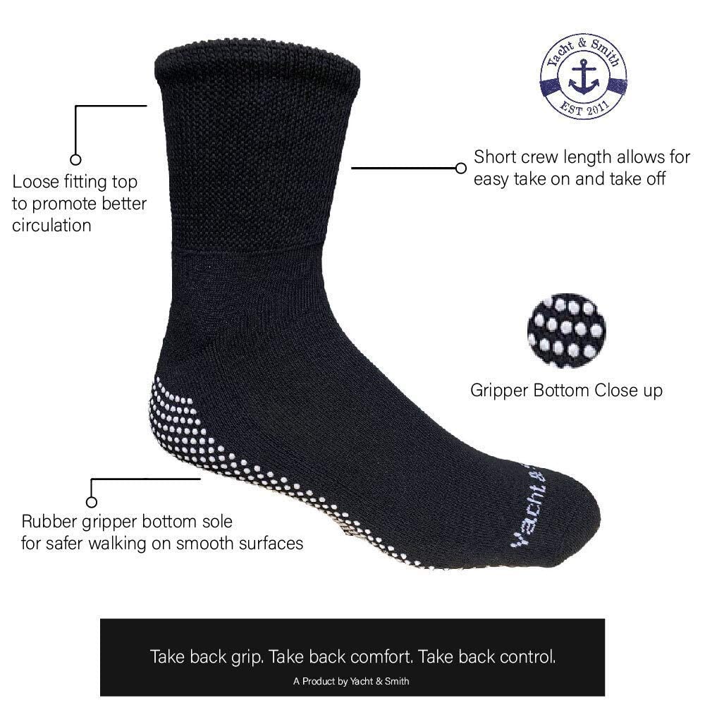 Yacht & Smith Non-Skid Diabetic Socks - Loose Fit Gripper Bottom Slipper Socks for Men & Women (Black) - Hospital & Home Use for Safety & Comfort - Bulk Wholesale Available
