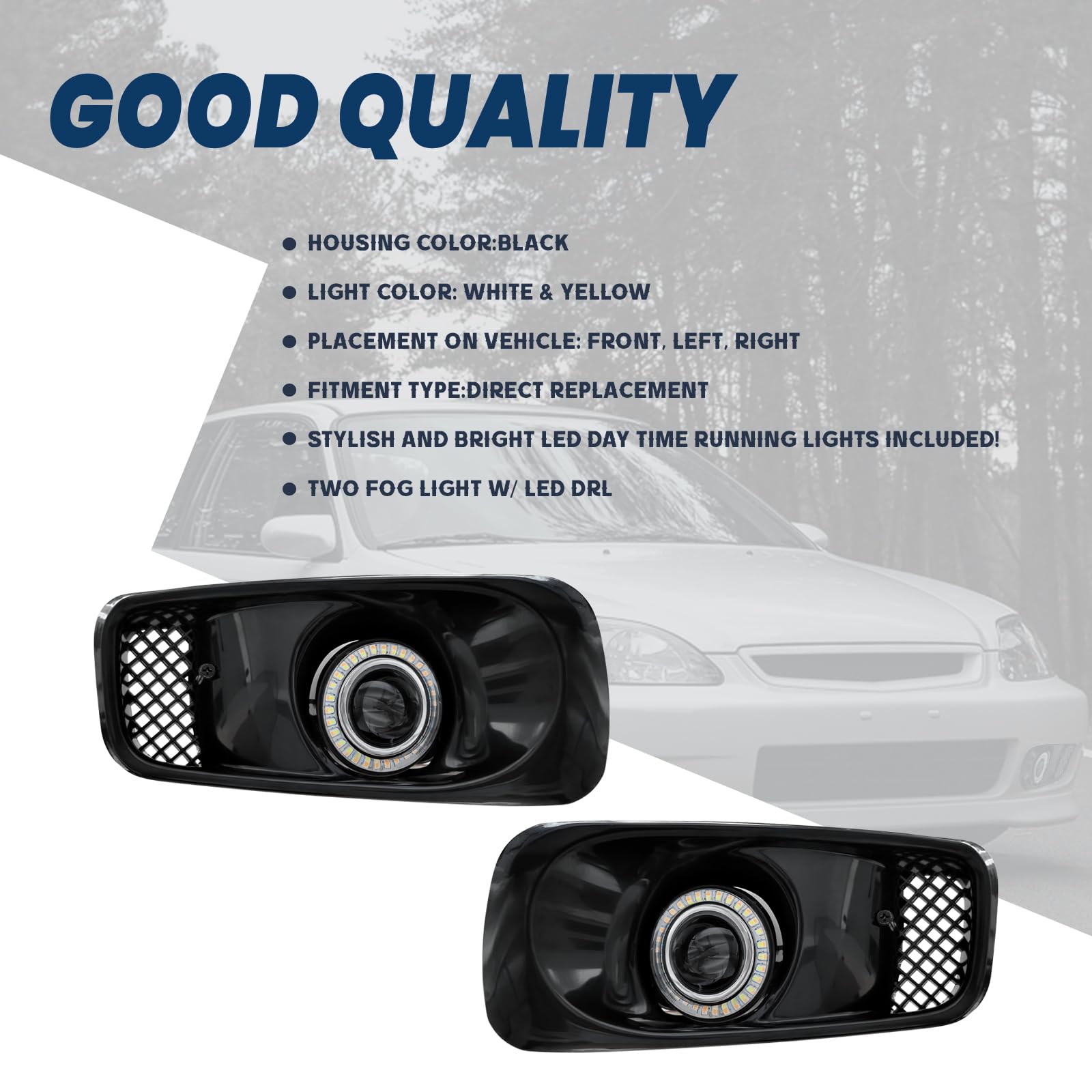 1999-2000 Honda Civic LED Halo Projector Fog Lights - Clear Lens DRL Daytime Running Lights for Driver & Passenger Side | Weatherproof Driving Lights for Night Visibility & Off-Road Use