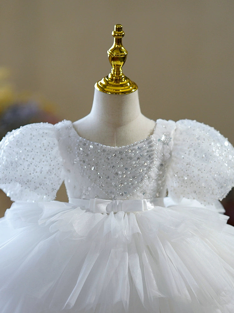 Princess Scoop Neck Tea Length Tulle Flower Girl Dress - White Bridesmaid Dress for Weddings, Flower Girls, and Special Occasions