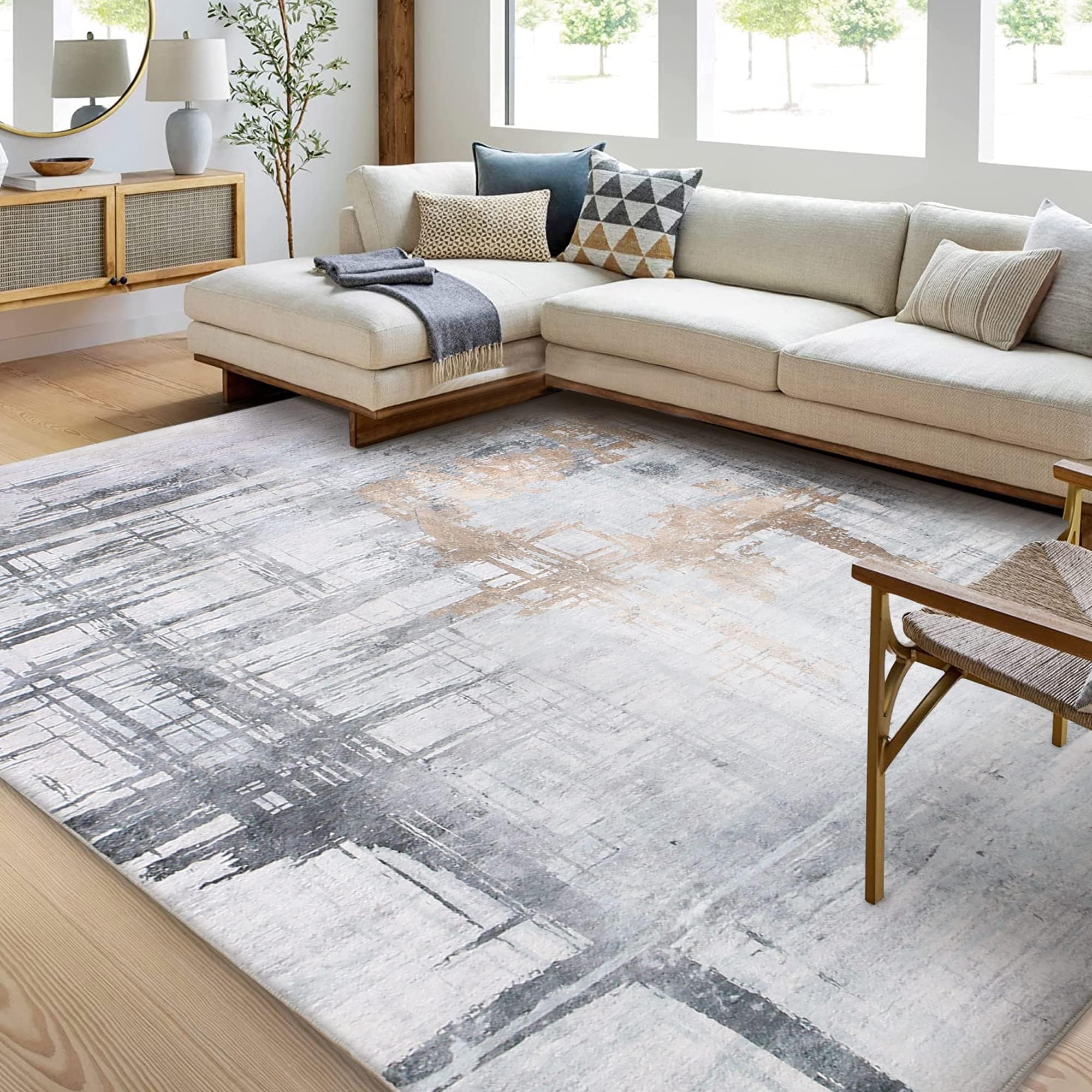 Calore Rugs Modern Soft Abstract Distressed Area Rug - 6.5 x 8.2 ft Medium Pile Carpet for Living Room, Bedroom & Dining Room - Gray/Green/Grey - Cozy Floor Mat for Home Decor & Comfort