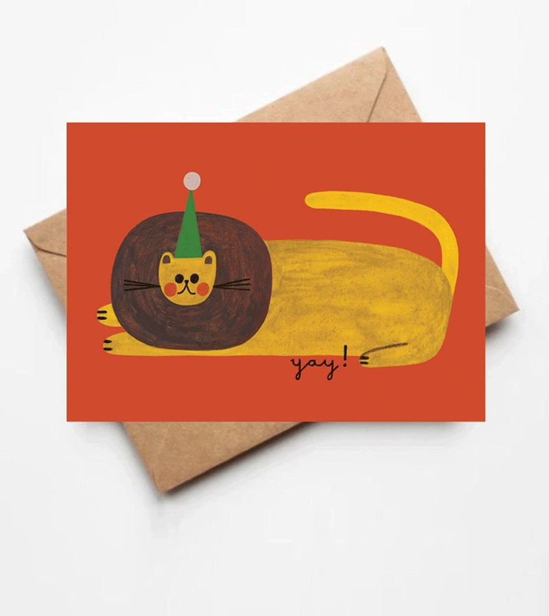 Yay! Lion Greeting Card by Daria Solak - Handmade Animal Illustration Birthday Card for Kids, Baby Shower & Friendship Gifts