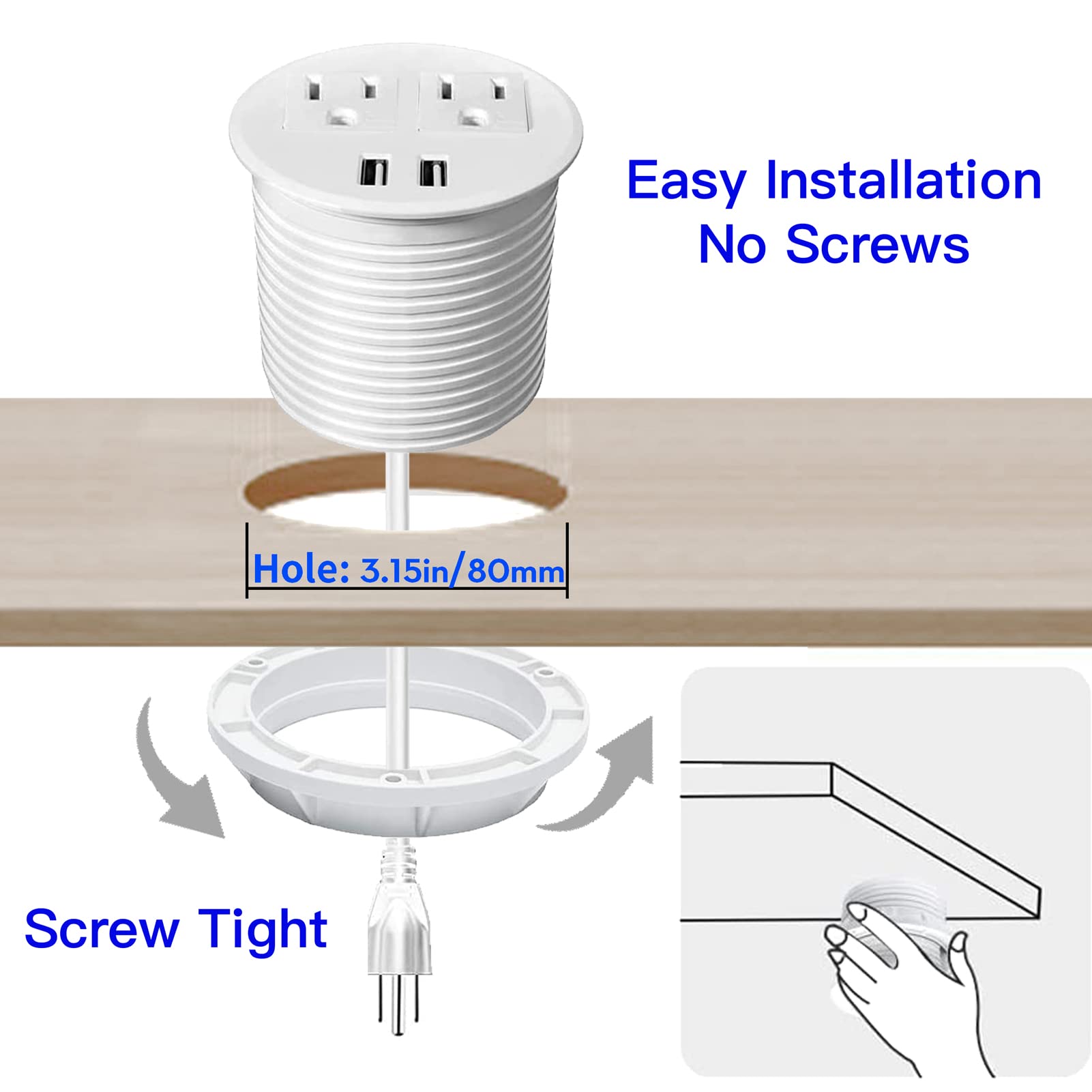 Recessed Desk Power Grommet with 4 USB Ports & 3 AC Outlets - White | Under Cabinet Power Strip for Home Office, Conference Table, Kitchen Counter & Sofa Side Table