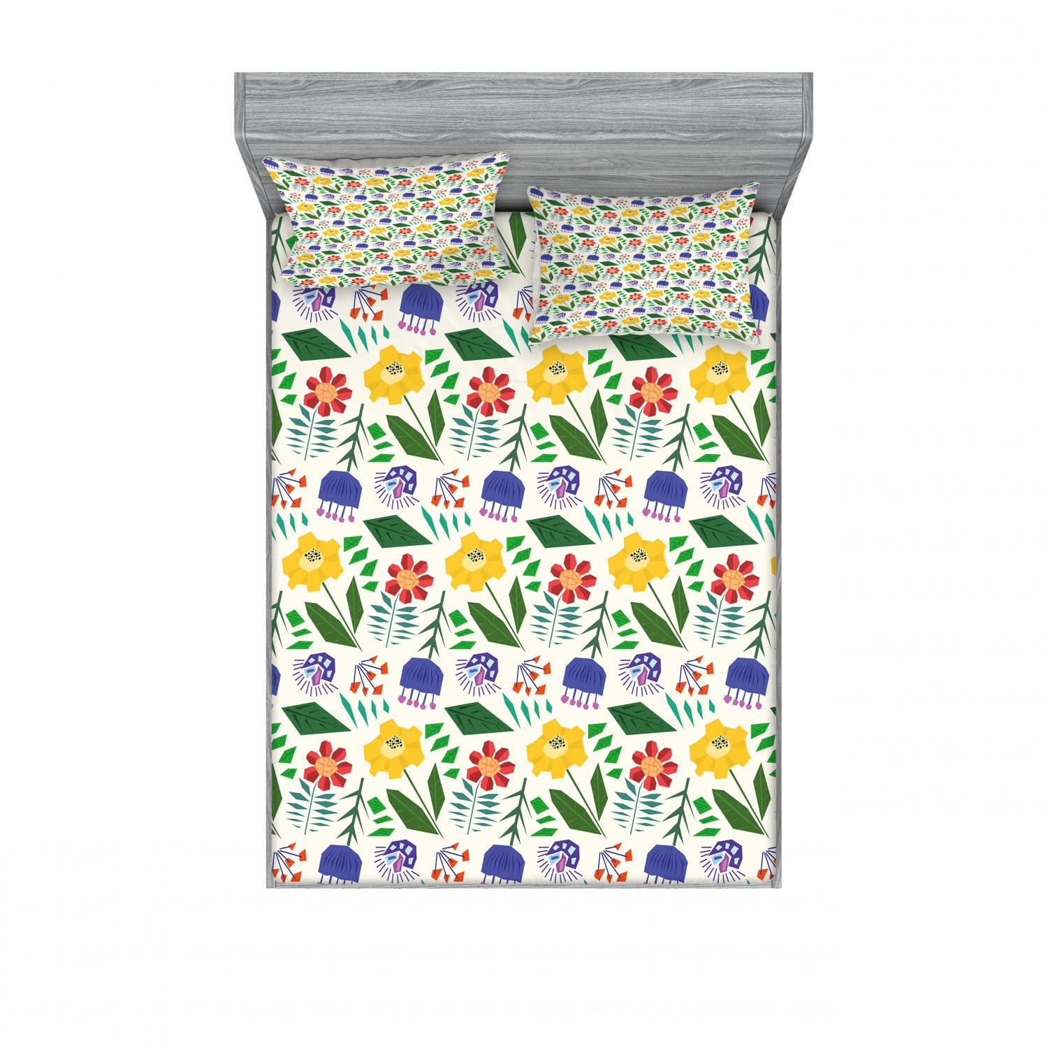 Ambesonne 2-Pack Fitted Sheet & Pillow Sham Set - Colorful Field Flowers Design, 4-Piece Bedding Decor (2 Twin XL Fitted Sheets & 4 Pillow Covers) - Ivory Multicolor Floral Pattern - Perfect for Guest Rooms, Dorm Decor & Spring Bedroom Makeover