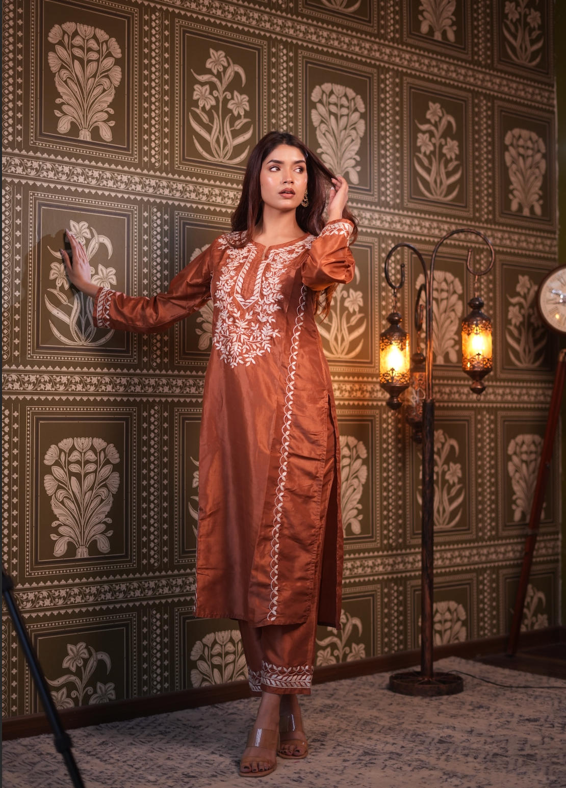 Elegant Silk Chikankari Kurta Set for Women - Copper Brown | Traditional Indian Ethnic Wear for Festivals & Parties