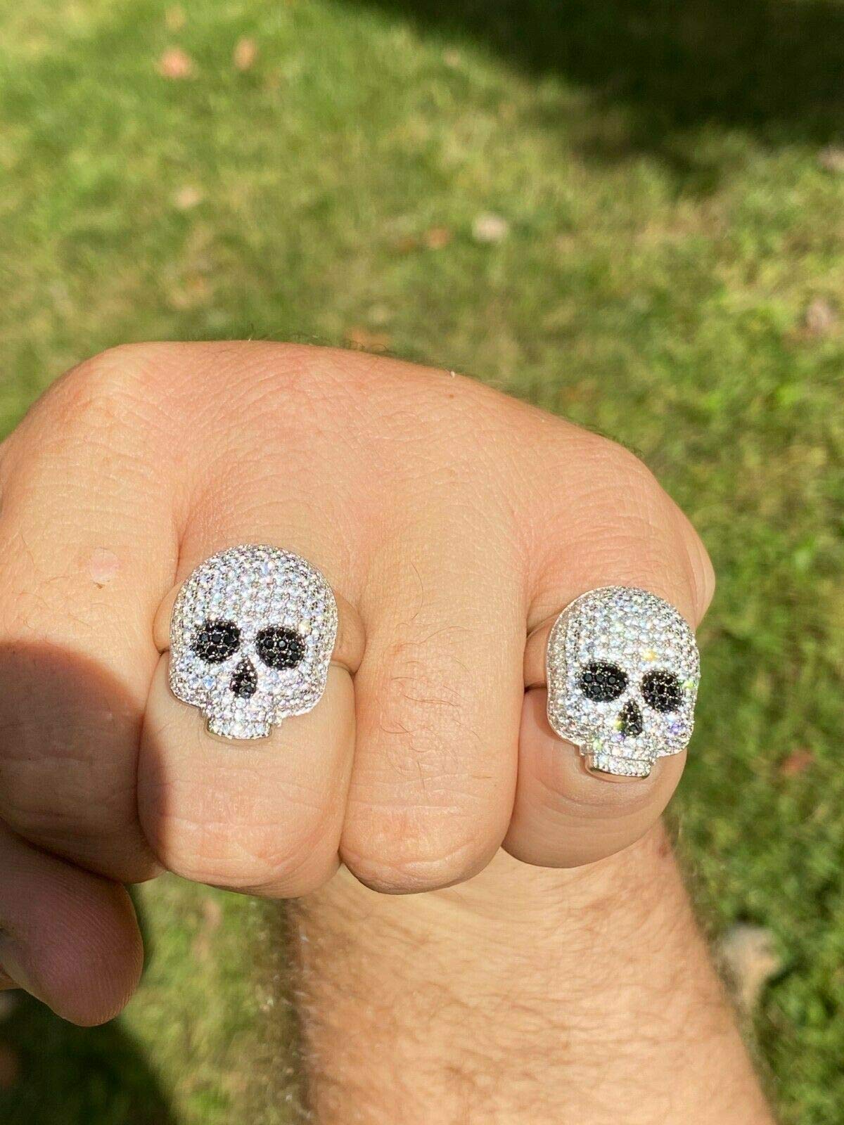 925 Sterling Silver Men's Iced Skull Emoji Ring with Black Diamond Eyes - Gothic Santa Muerte Pinky Ring for Men - Hip Hop Jewelry Gift for Boyfriend - Perfect for Parties, Concerts and Streetwear Fashion