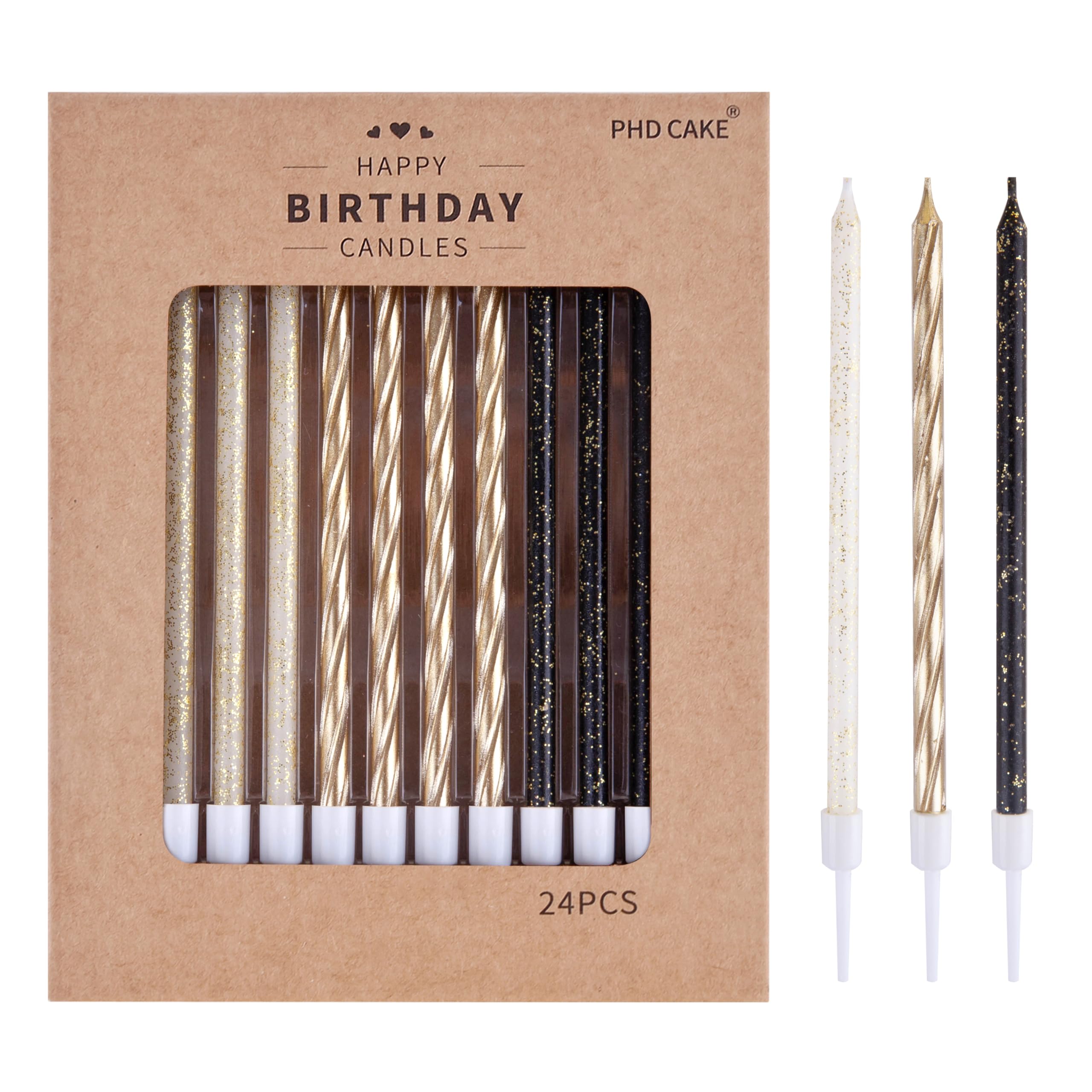 PHD CAKE Gold Black White Thin Birthday Candles for Wedding & Party Decor