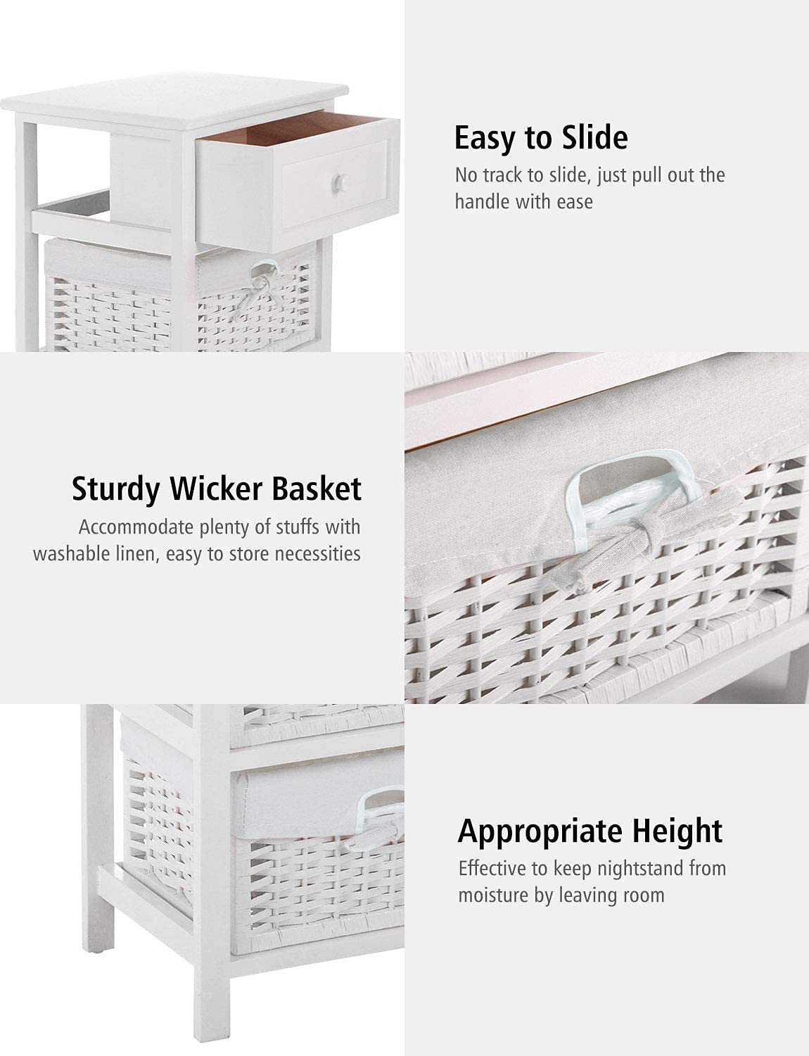 2-Tier Wooden Nightstand Set of 2 with Drawer & Storage Baskets - White Bedside Table for Small Spaces, Bedroom, Living Room | Compact End Table for Apartment, Dorm, Guest Room
