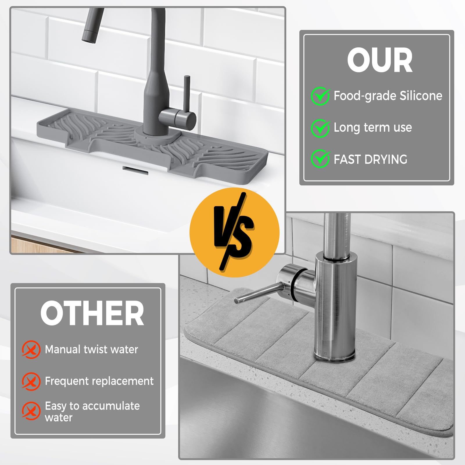 **Non-Slip Silicone Faucet Splash Guard - 15 Inch Kitchen Sink Protector with 5 Adjustable Rubber Rings, Light Gray Sink Mat for Water Splash Prevention - Perfect for Kitchen & Bathroom Sinks (Ideal for Washing Dishes, Brushing Teeth & Handwashing)**