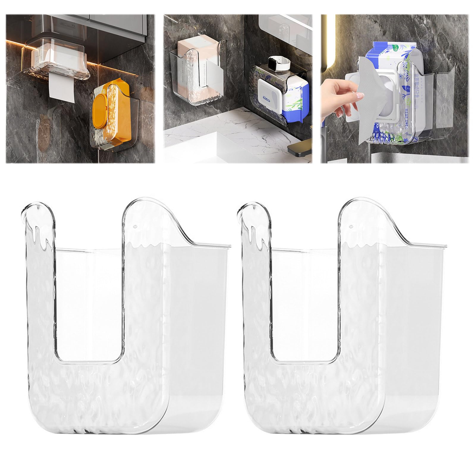 2 Pack Clear Wipes Dispenser - Refillable Wall Mounted Tissue Box Holder for Kitchen & Bathroom | Perfect for Countertop, Vanity, Pantry Organization & Home Storage