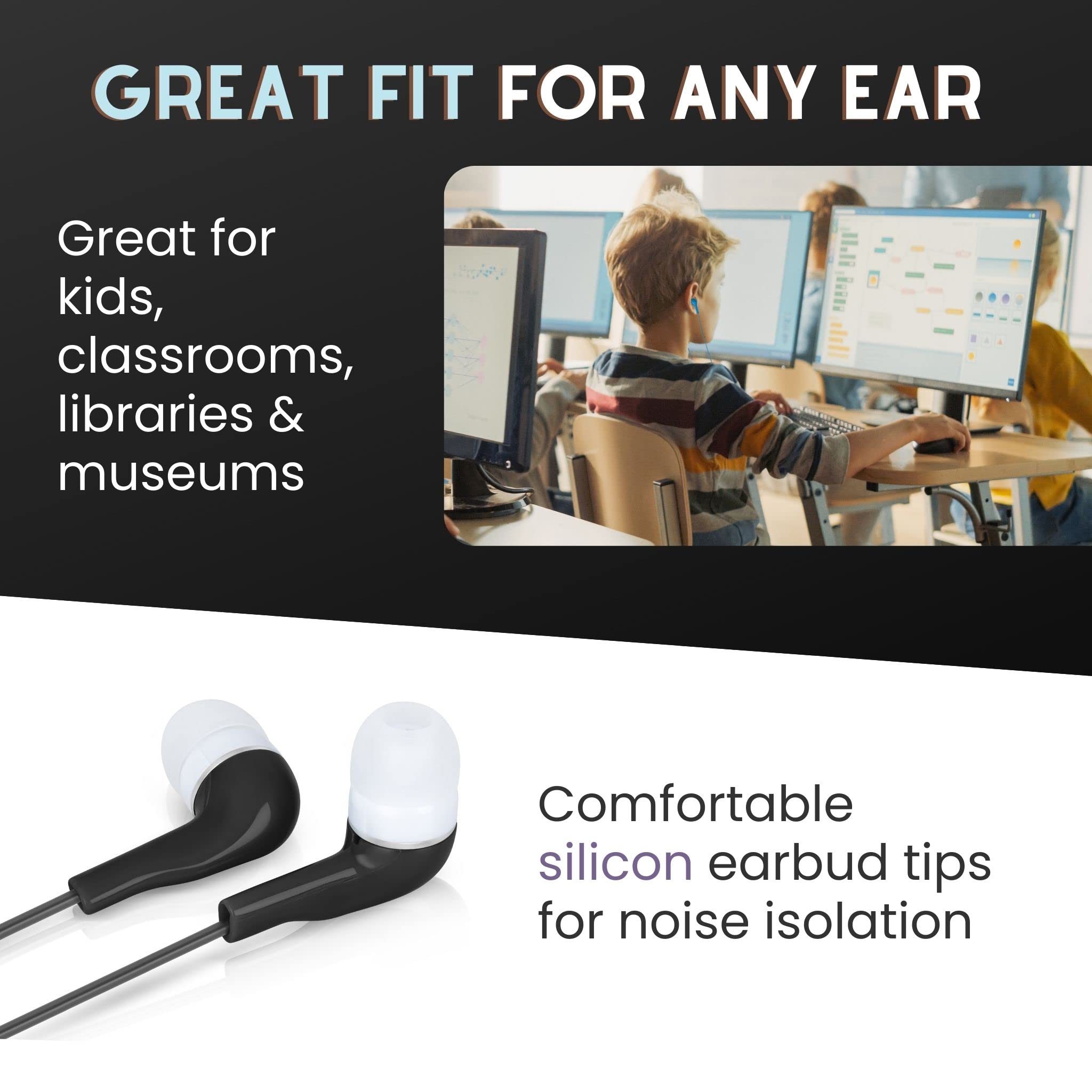 100 Pack Bulk Colorful Wired Earbuds with 3.5mm Jack - Disposable Headphones for Classroom, School & Student Use - Multipack Economy Earphones for Kids - Perfect for Online Learning, Testing Centers & Travel